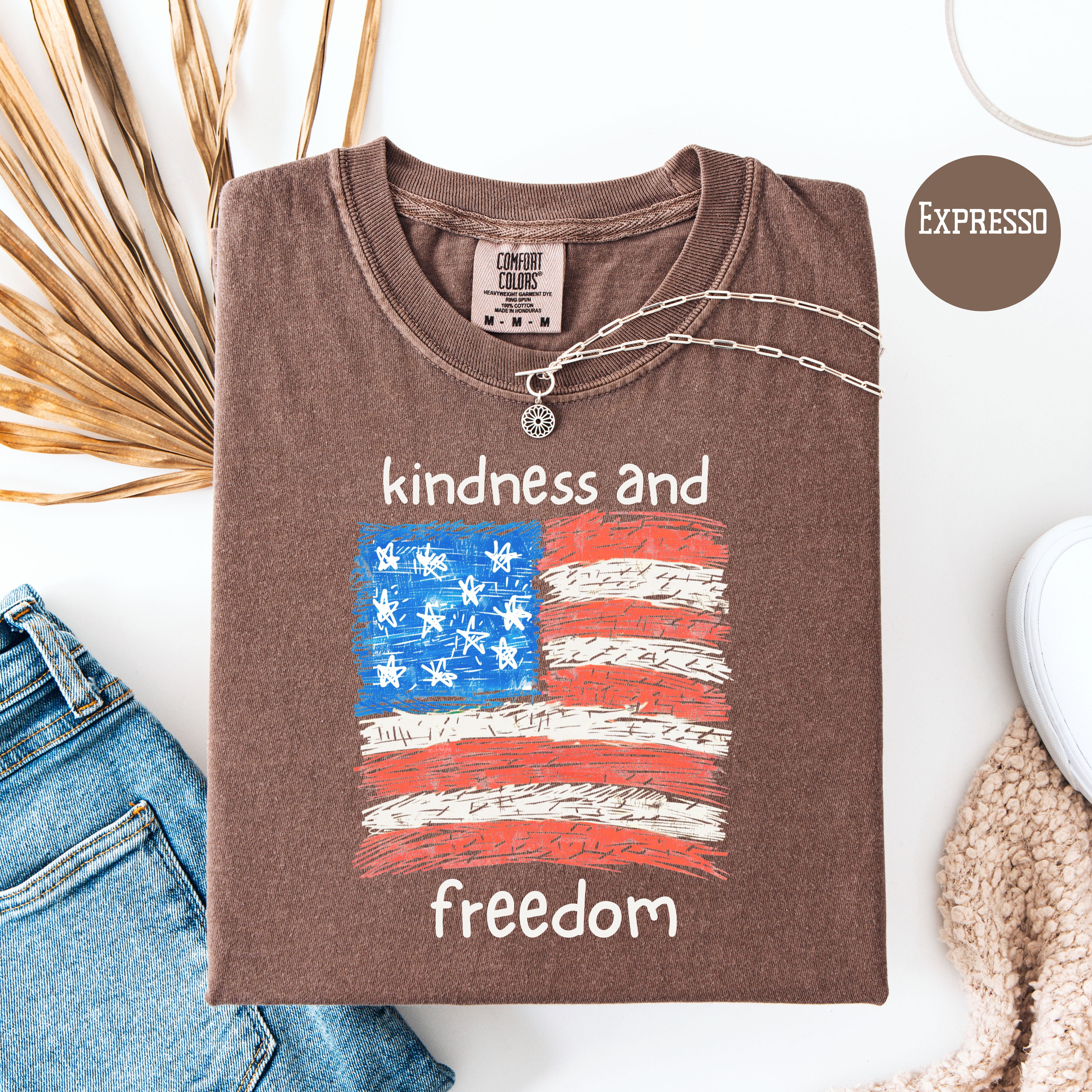 Freedom and Kindness 4th of July Shirt, USA Flag Drawing Comfort Colors T-Shirt, Fun Patriotic Shirt, Kindness Shirt, Be Kind Gift Shirt