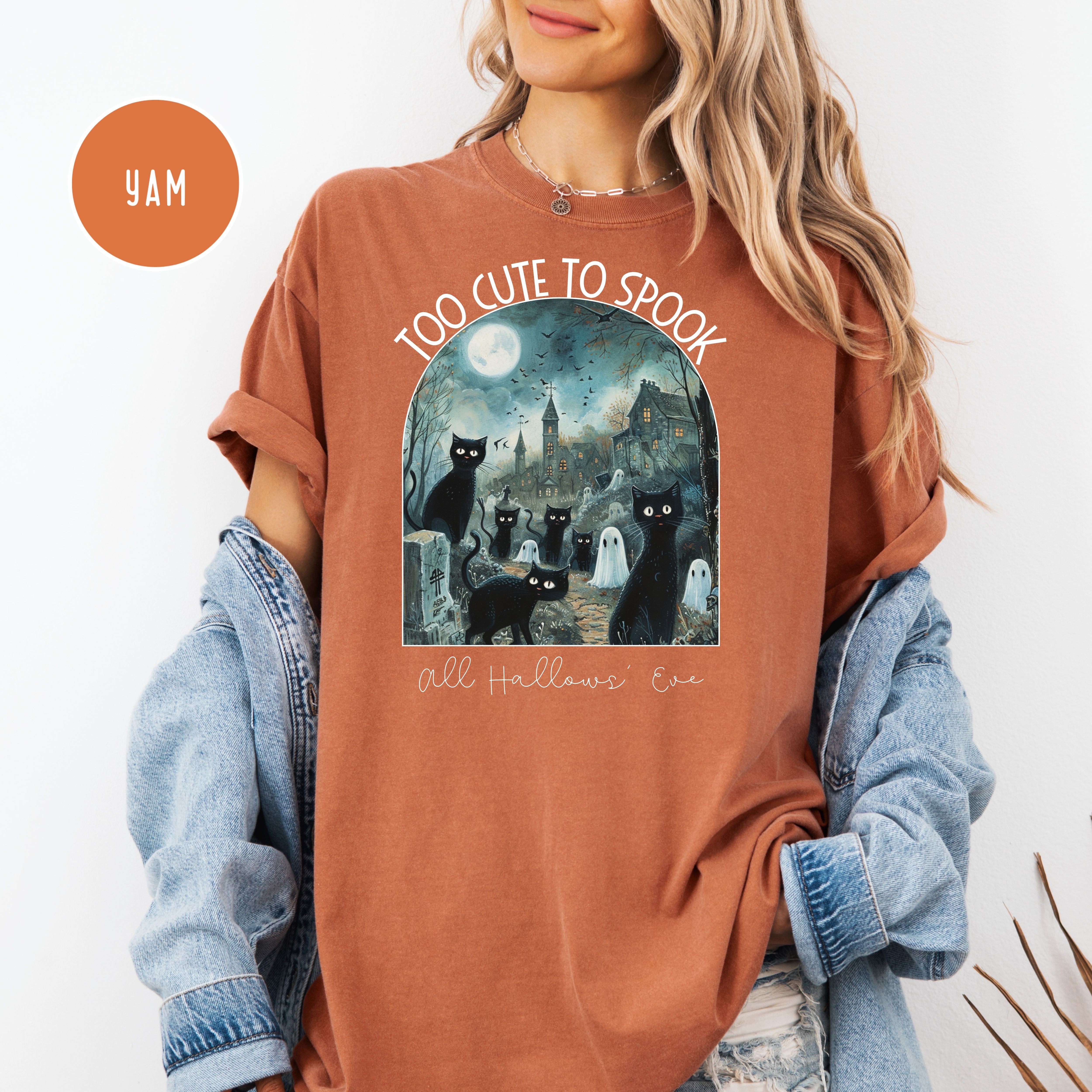 Too Cute To Spook Black Cats in Graveyard Halloween Comfort Colors Tee Shirt