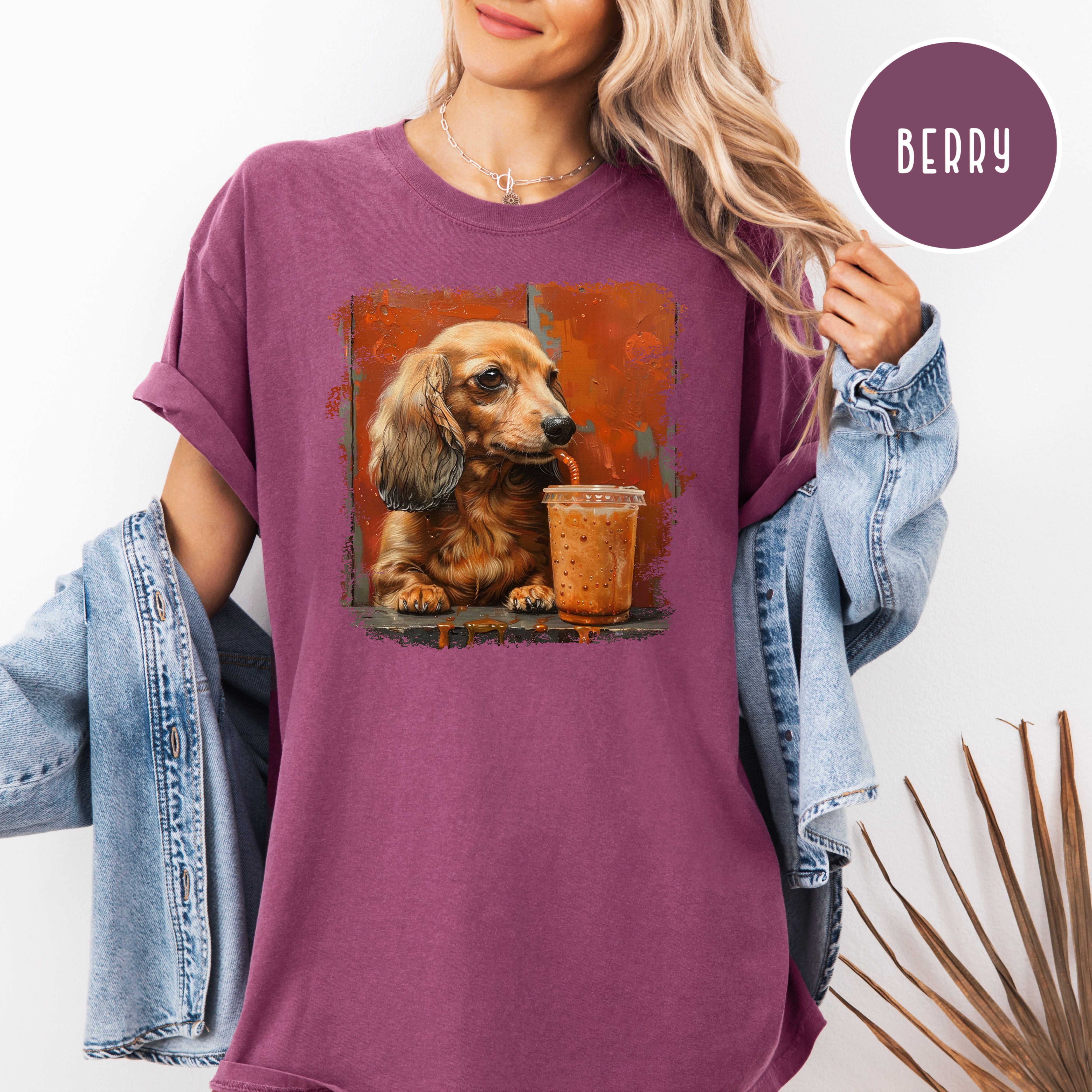 Dachshund Lover Comfort Colors T-Shirt, Doxie Mama Shirt, Dachshund Drinking Coffee, Dog Lover Art, Wiener Dog Shirt, Sausage Dog Gift