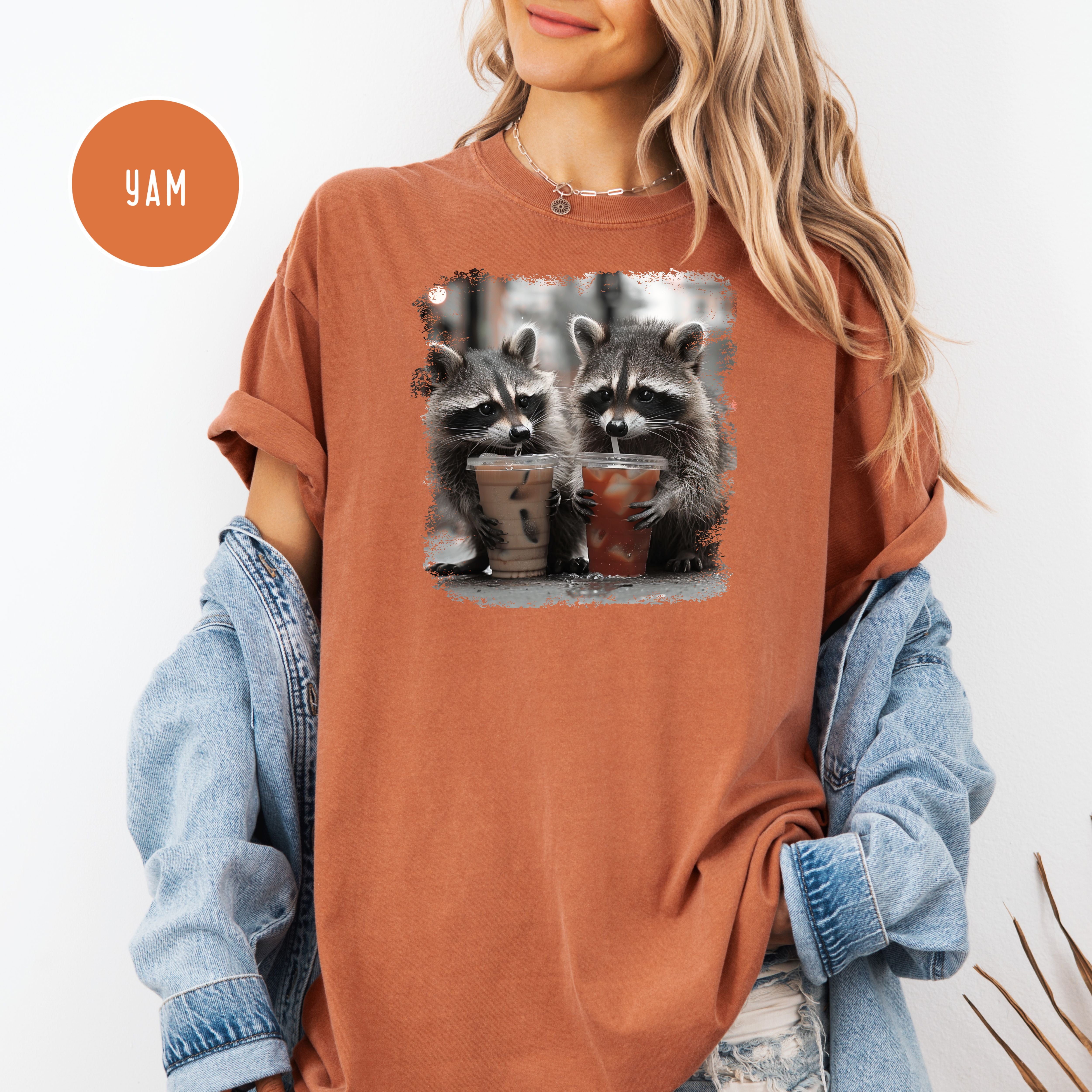 Cute Raccoons Drinking Iced Coffee and Iced Tea Comfort Colors Raccoon Lover T-Shirt, Funny Animal Meme Shirt, Coffee Lover Shirt
