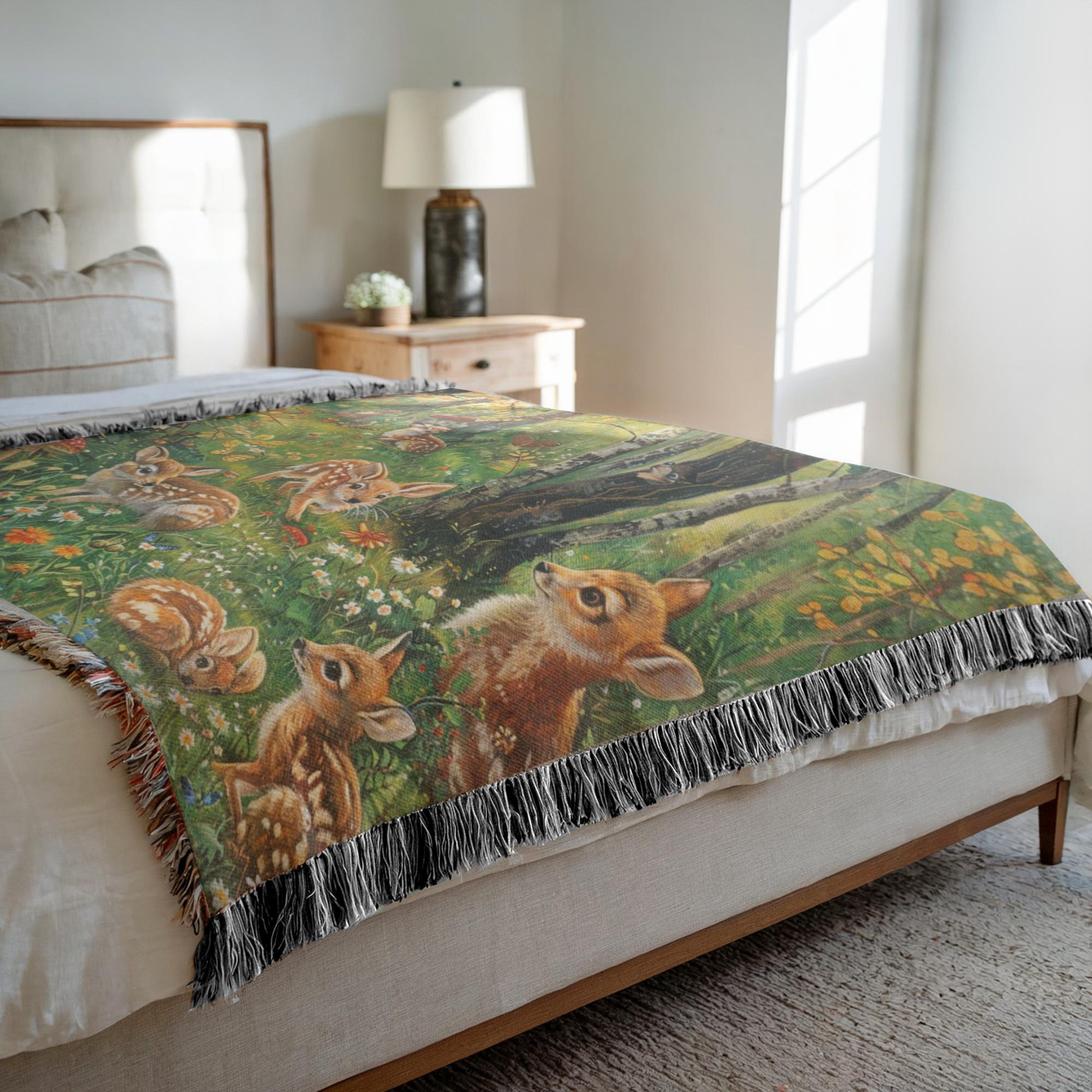 Fawns Playing in the Woods Woven Throw Blanket