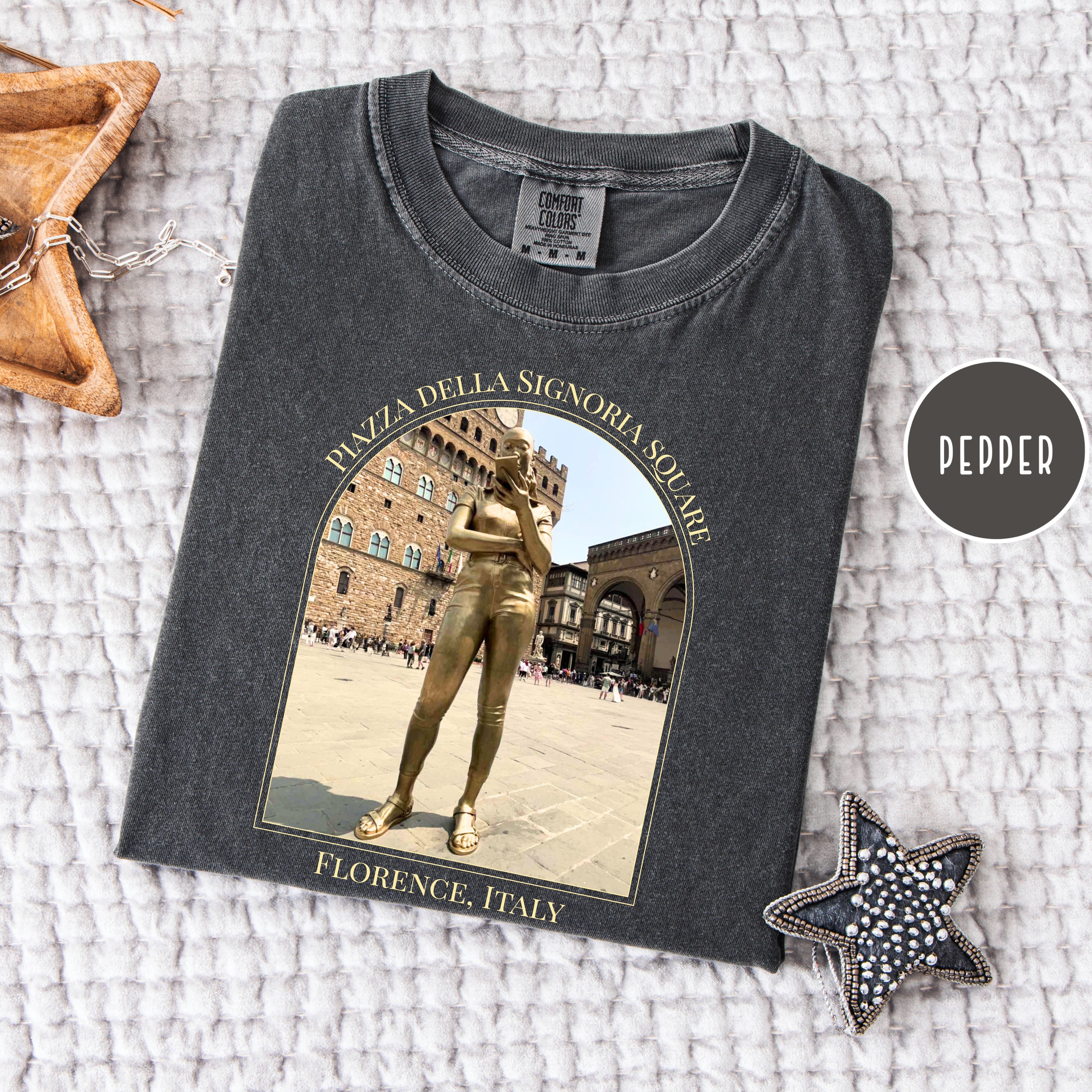 Florence Italy  Golden IPhone Girl in Piazza della Signoria Square Comfort Colors Vacation Tee