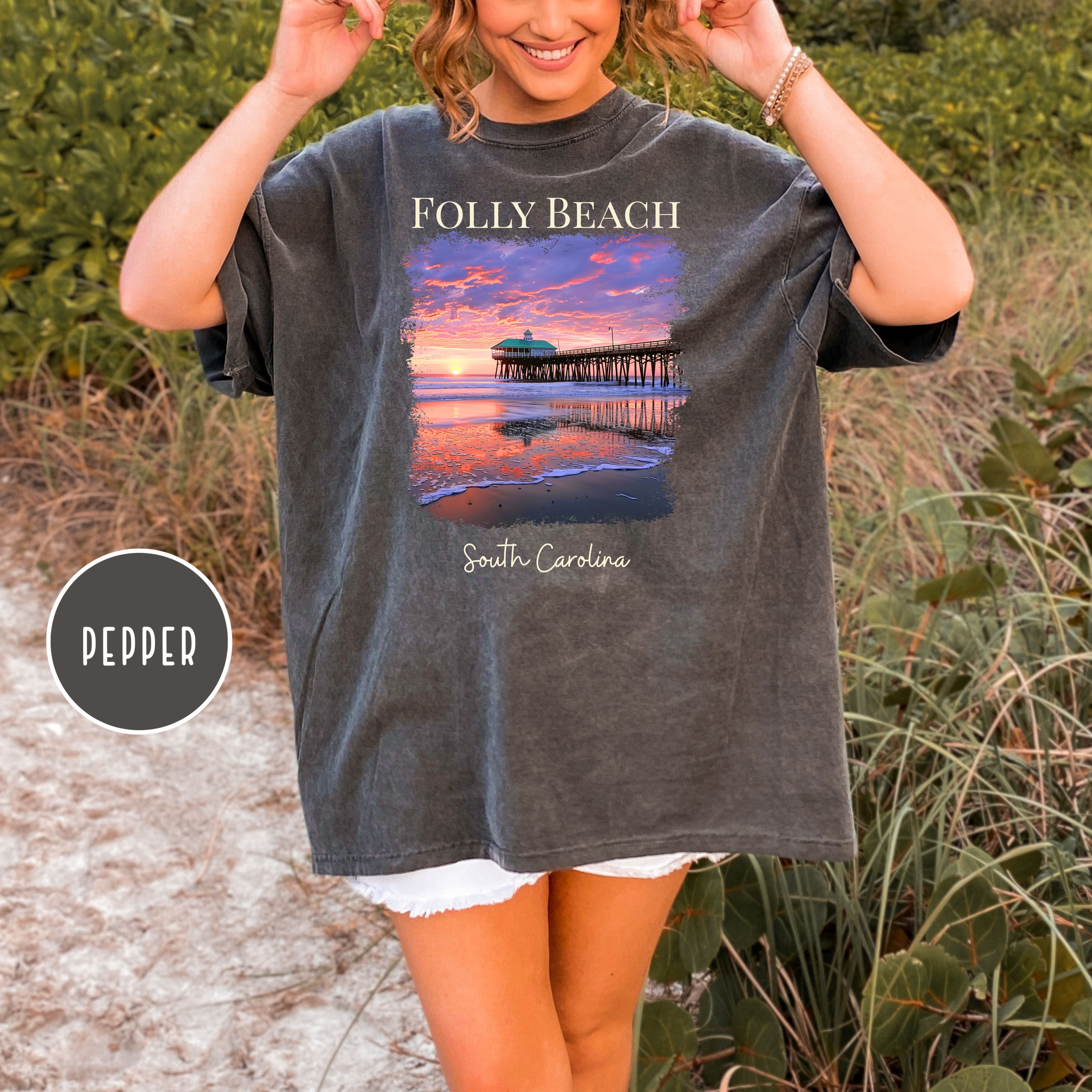 Folly Beach South Carolina Comfort Colors Beach Sunset Tee