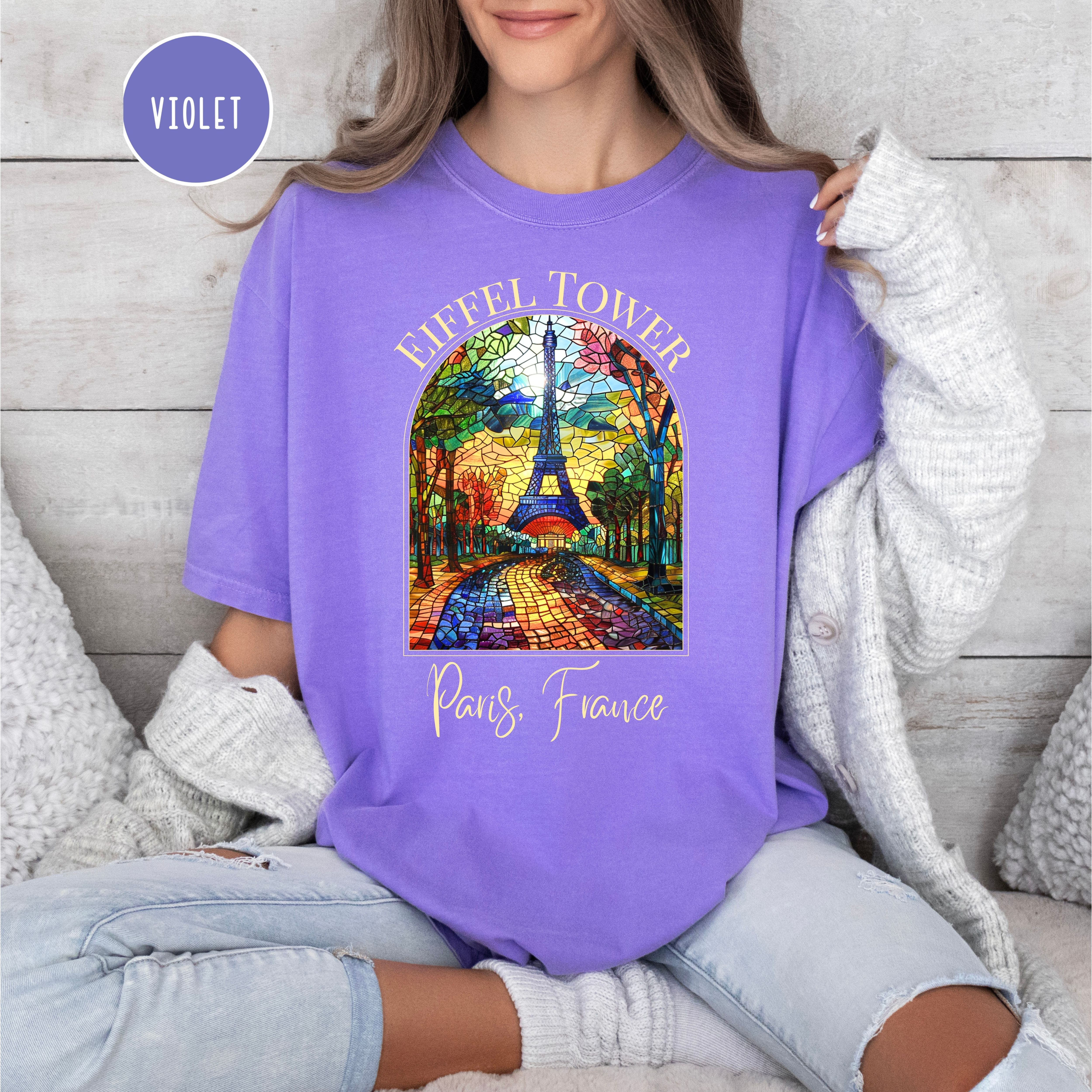 Paris Vacation Eiffel Tower Stained Glass Design Comfort Colors T-Shirt
