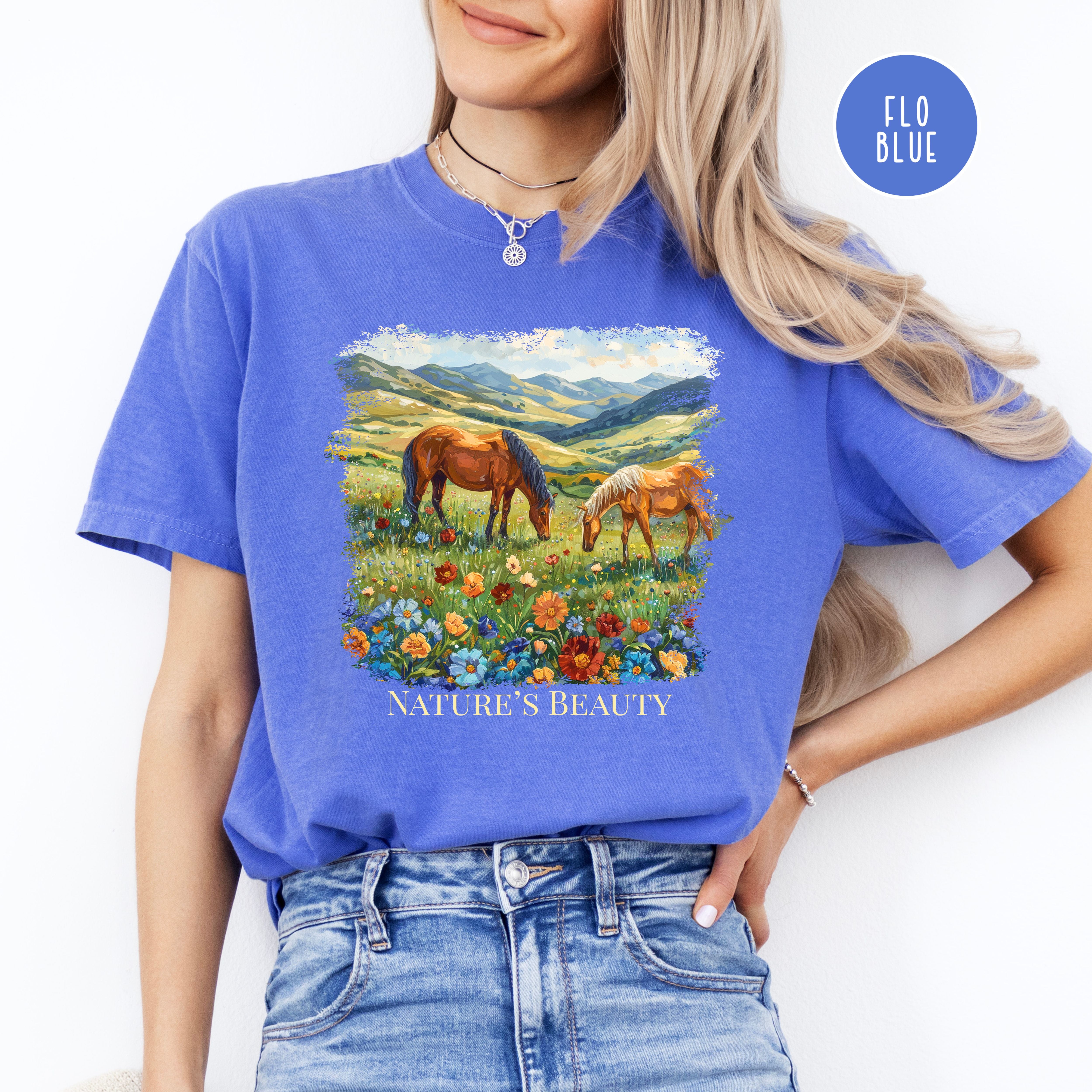 Beautiful Horses in a Field of Flowers Comfort Colors Tee
