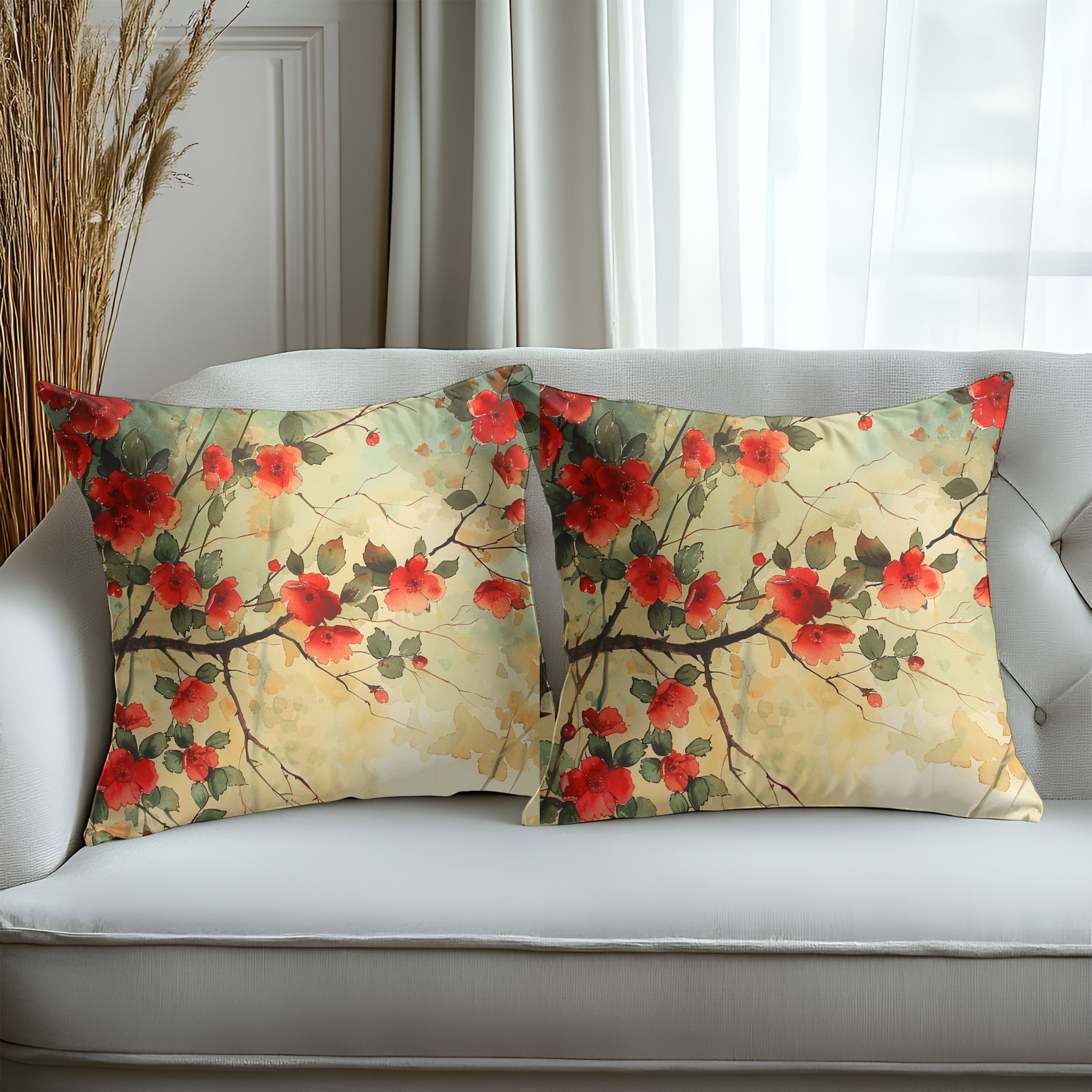 Wispy Red Flowers Decorative Throw Pillows, Design Front & Back