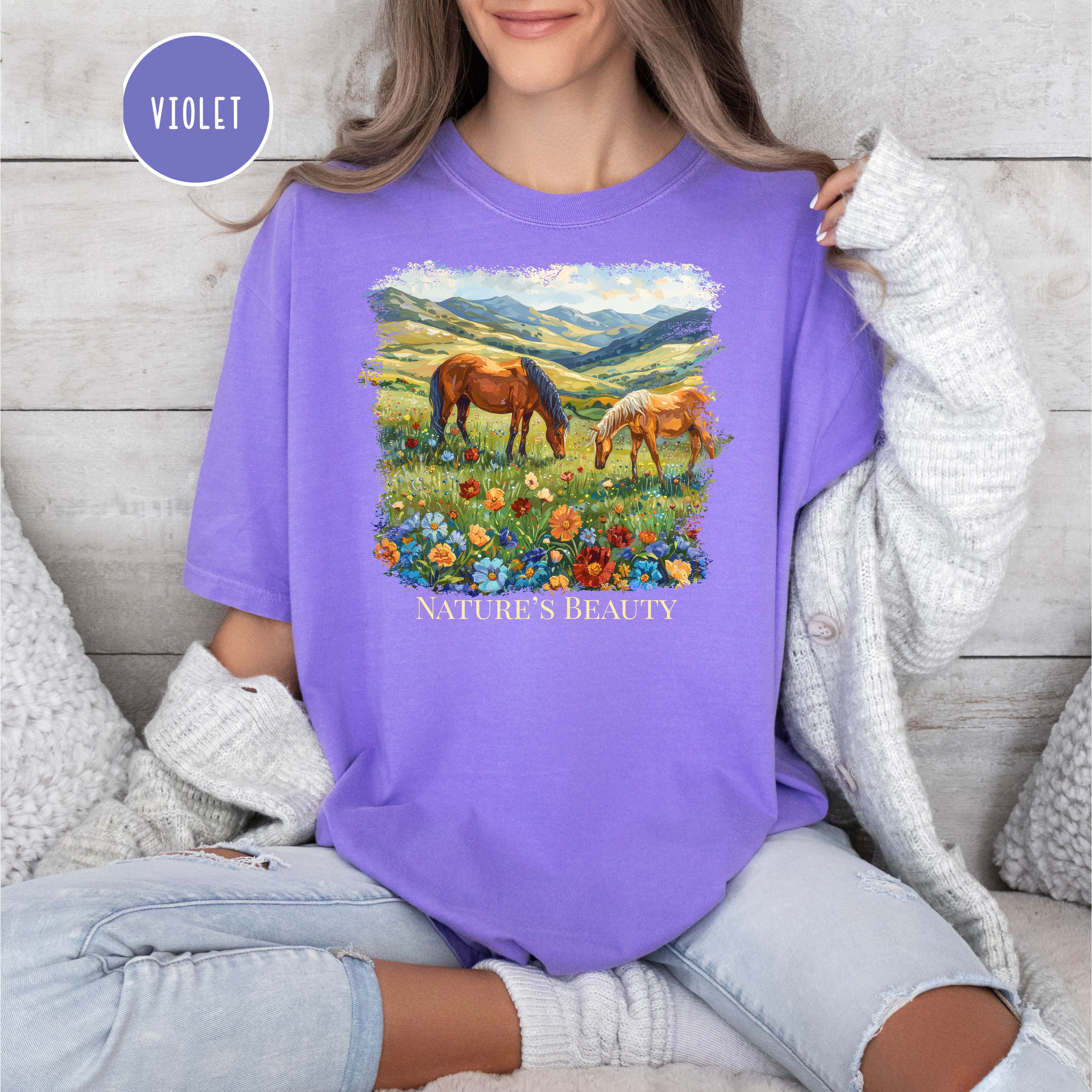 Beautiful Horses in a Field of Flowers Comfort Colors Tee