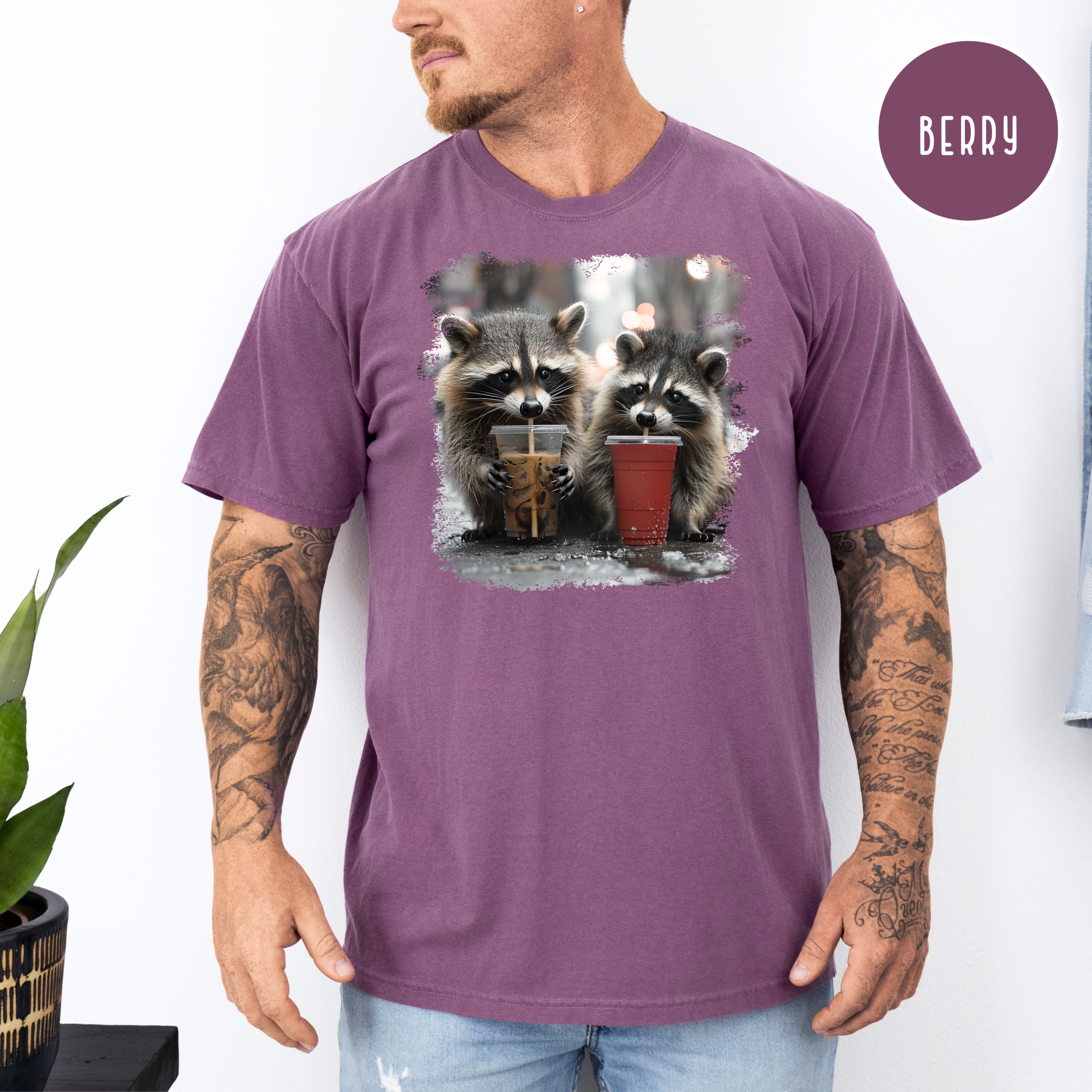 Cute Raccoons Iced Coffee in Solo Cup, Raccoon Lover Comfort Colors T-Shirt, Animal Meme Shirt, Funny Raccoon Shirt, Coffee Drinker Shirt