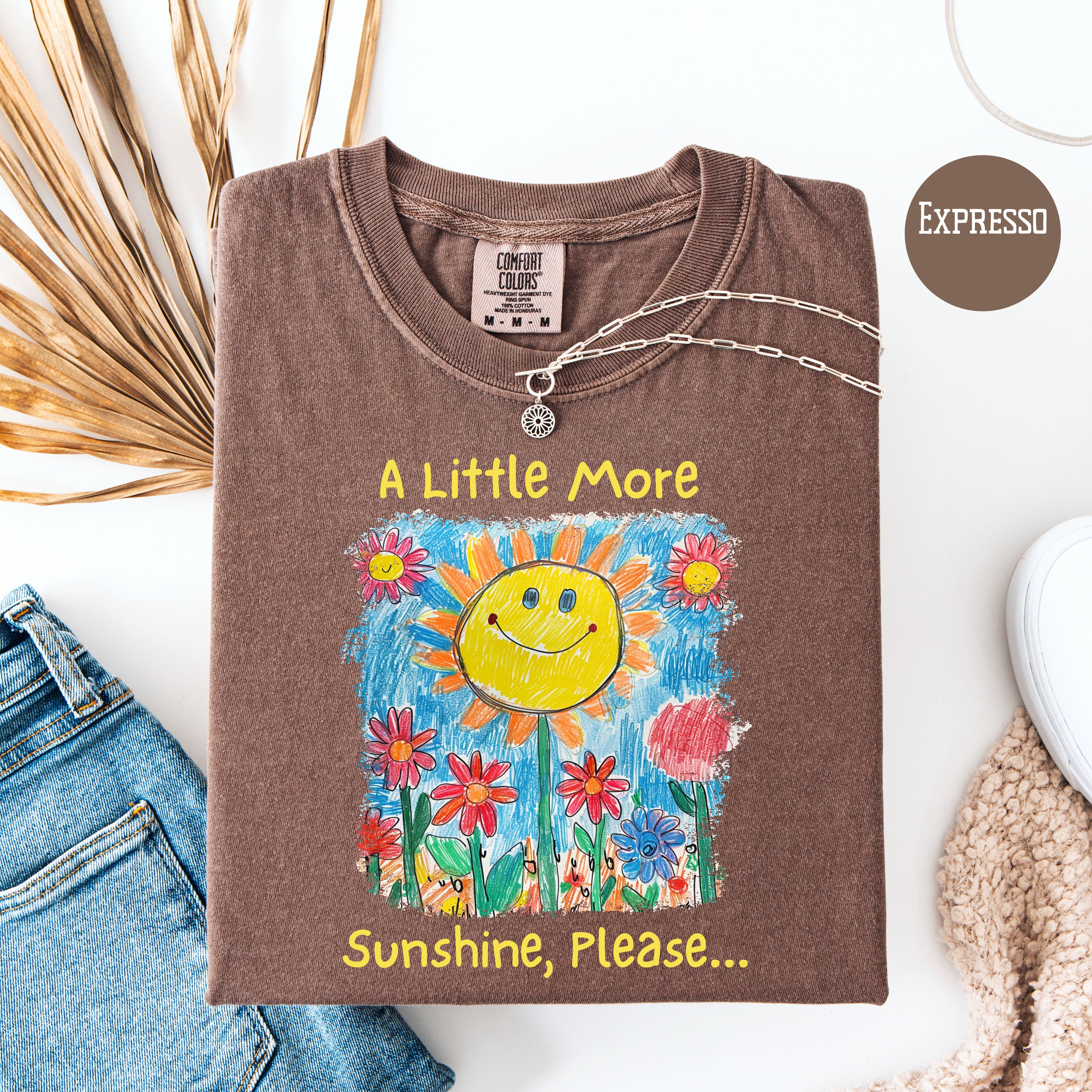 A Little More Sunset Please Comfort Colors Happy Tee Shirt, Positivity Shirt, Joyful Gift Shirt, Sunshine and Flowers Drawing Summer Tee