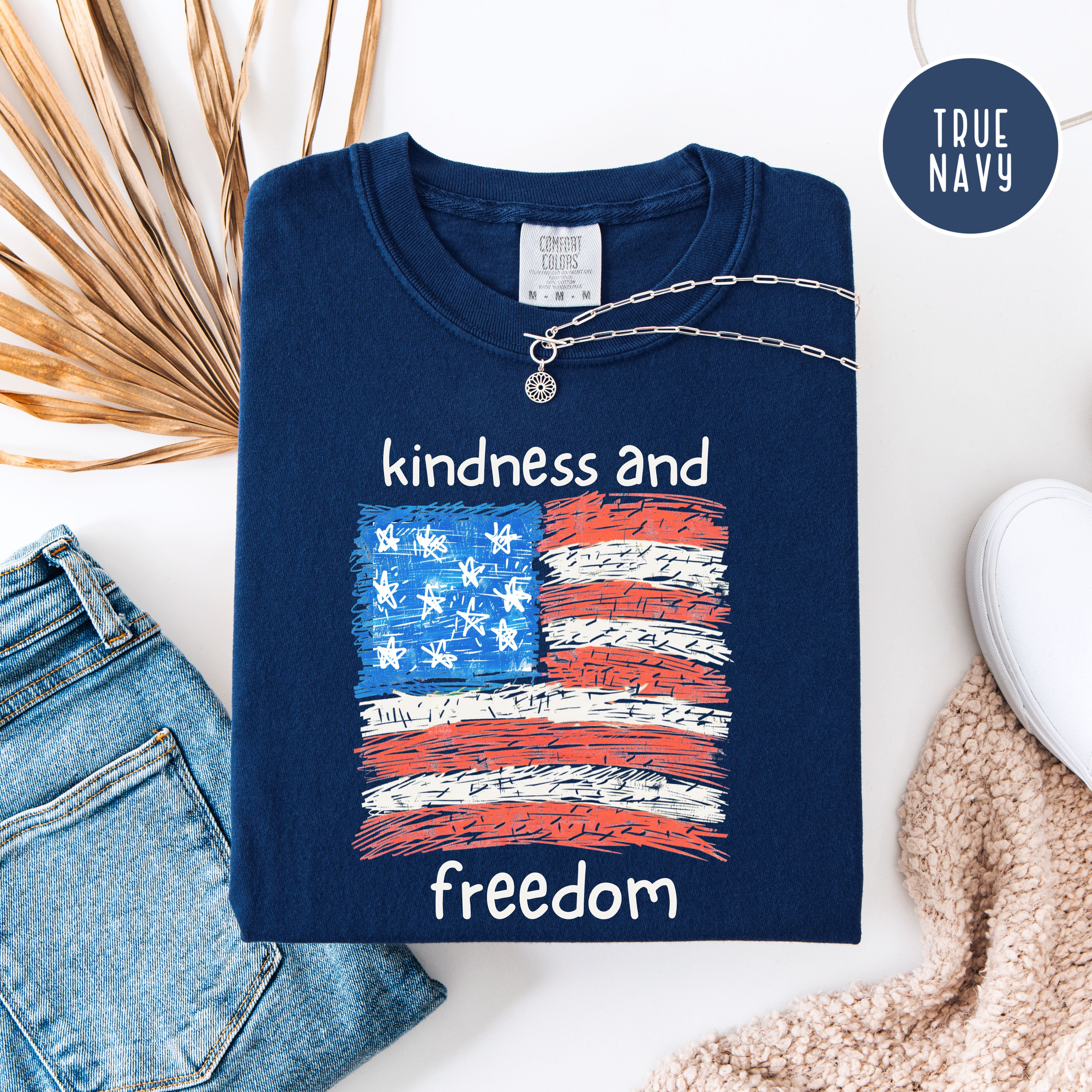 Freedom and Kindness 4th of July Shirt, USA Flag Drawing Comfort Colors T-Shirt, Fun Patriotic Shirt, Kindness Shirt, Be Kind Gift Shirt