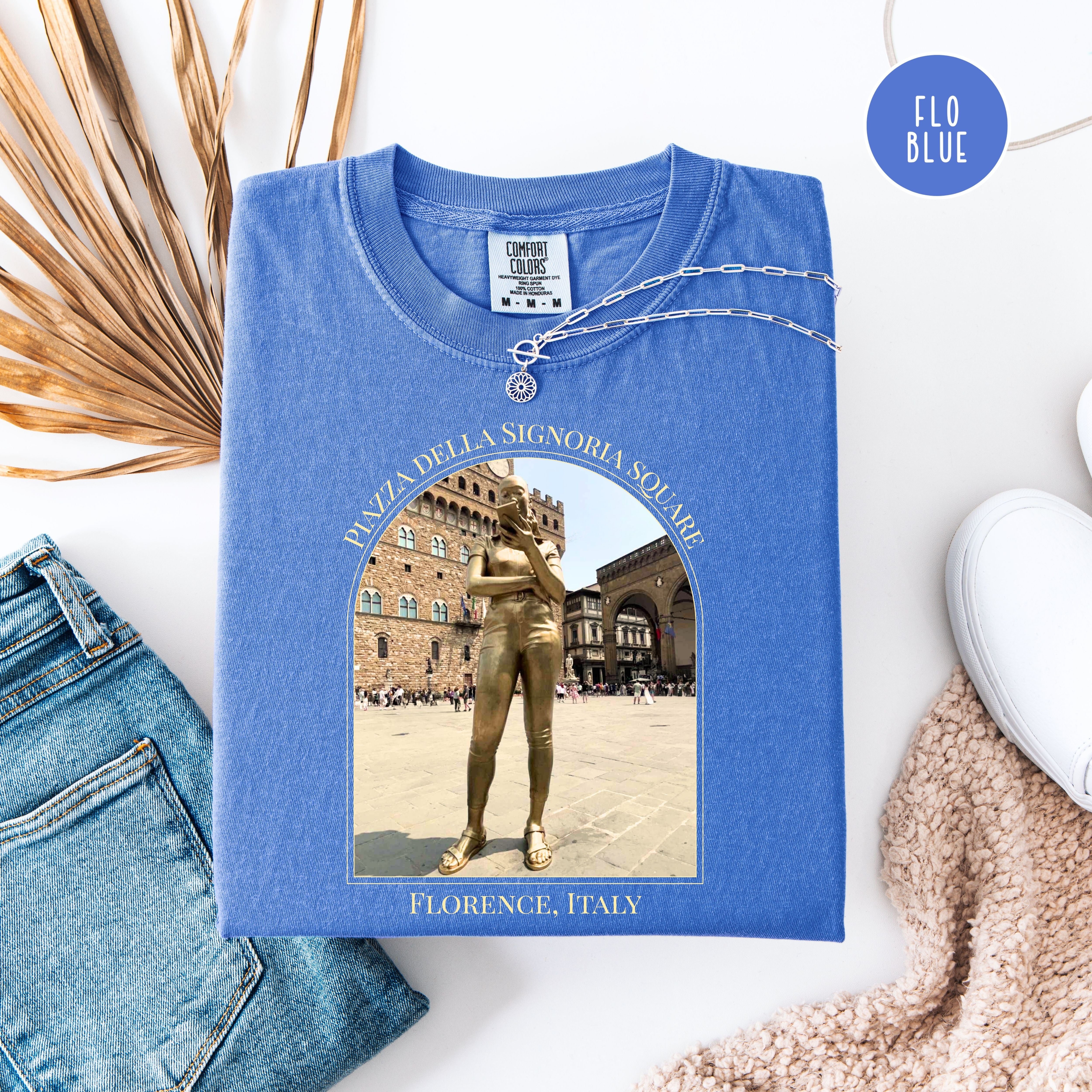 Florence Italy  Golden IPhone Girl in Piazza della Signoria Square Comfort Colors Vacation Tee