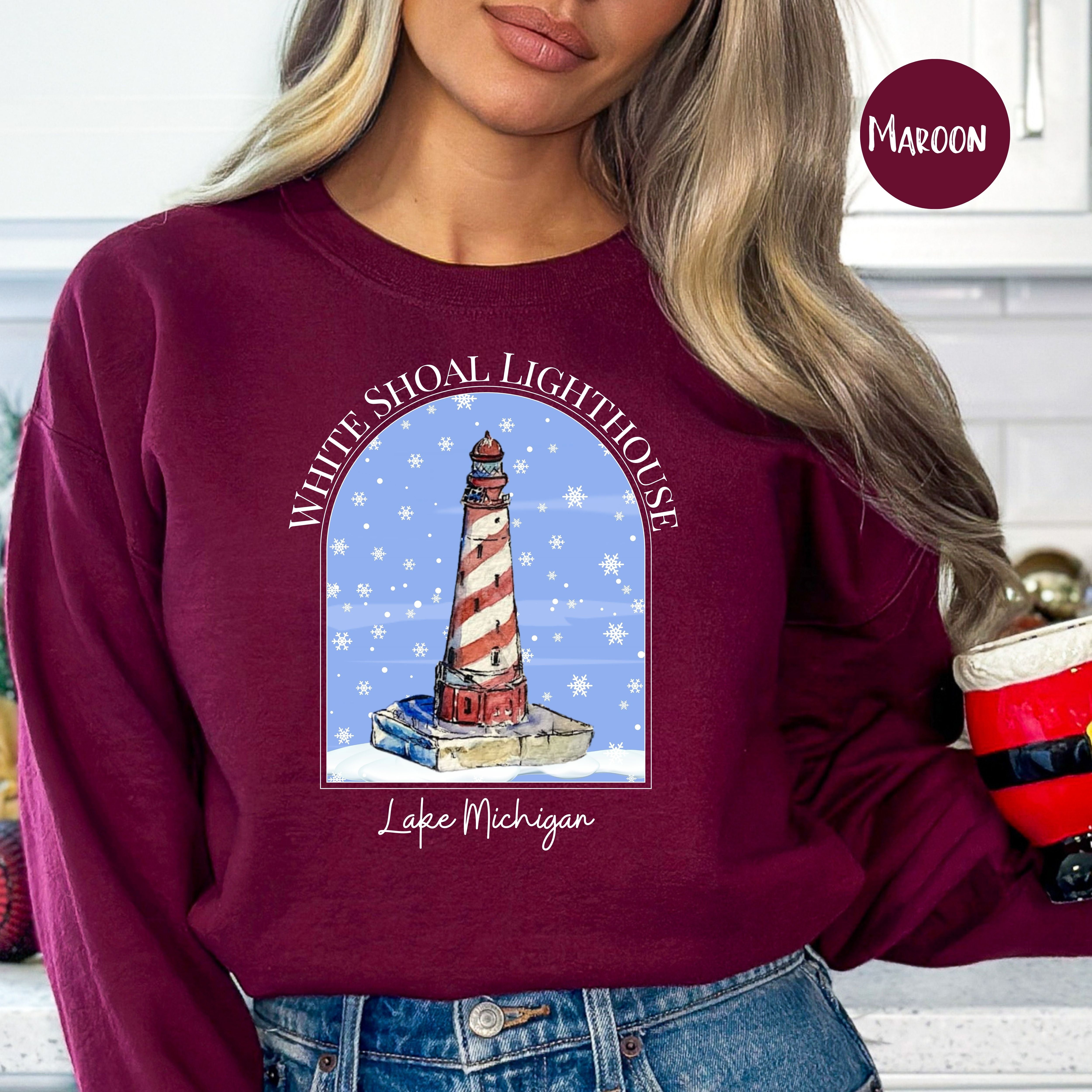 White Shoal Light Lake Michigan Lighthouse Winter Sweatshirt