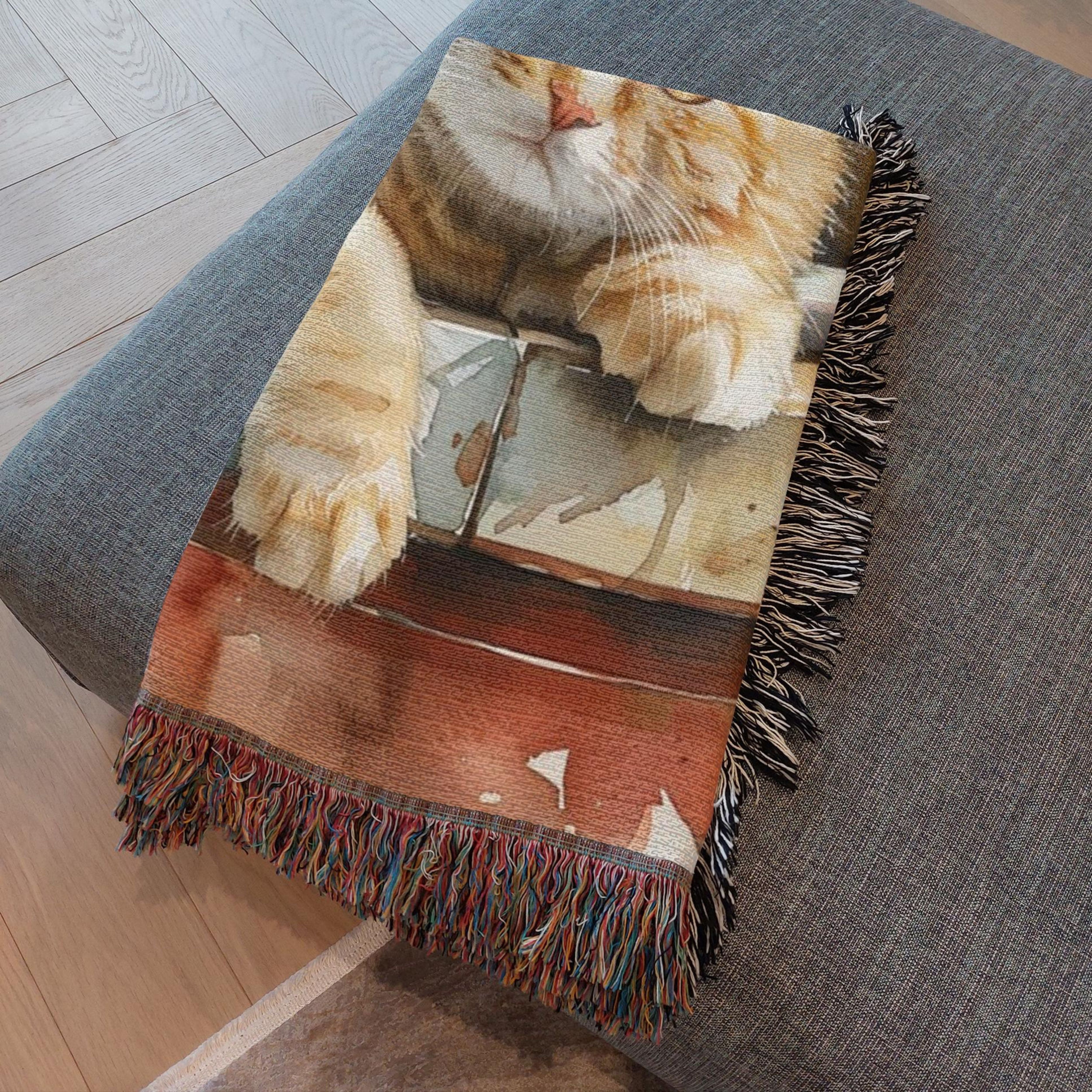 Cat Taking Catnap on Counter Woven Throw Blanket Gift for Cat Lover