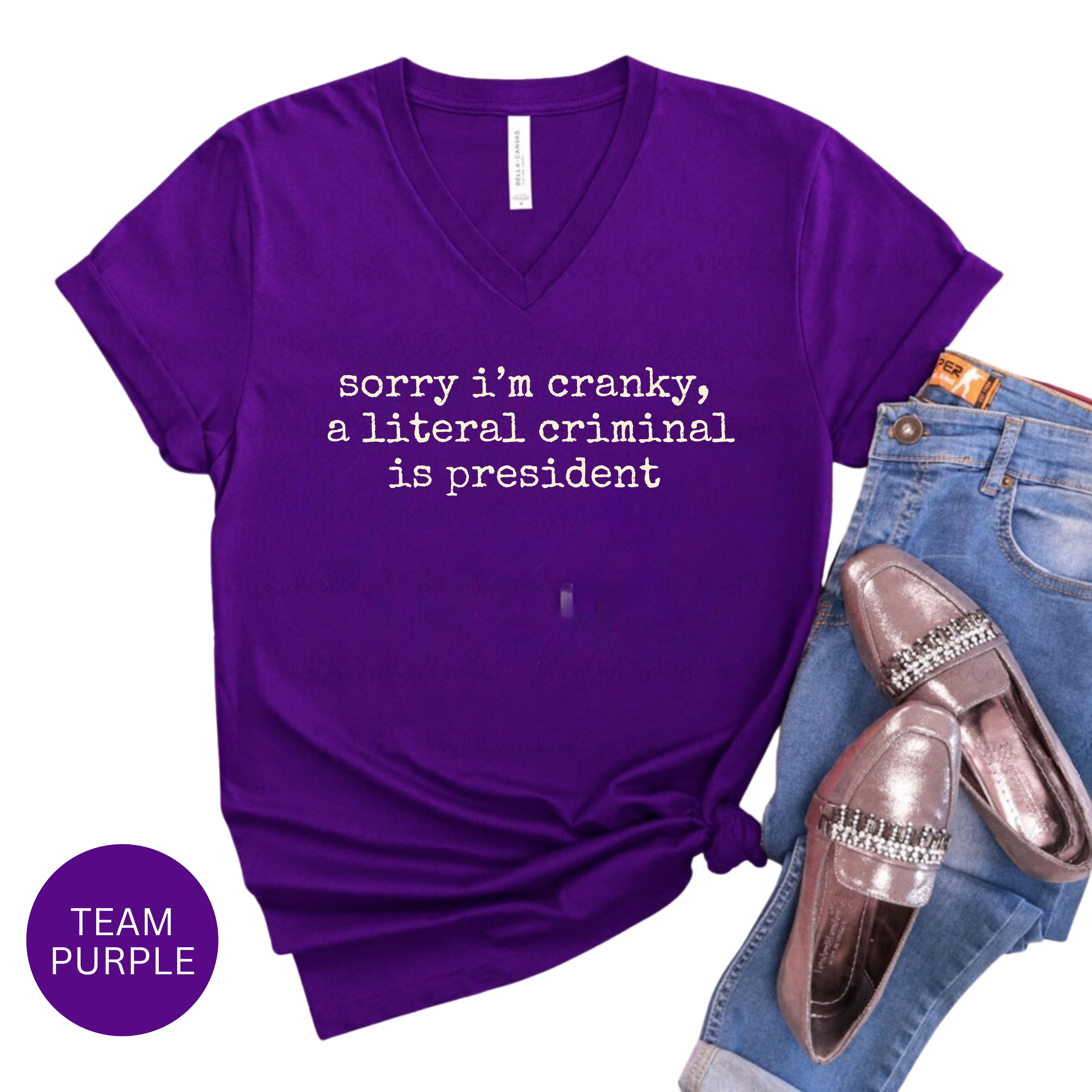 Sorry I'm Cranky, A Criminal Is President Bella Canvas V-Neck Tee, Protest Tee Shirt