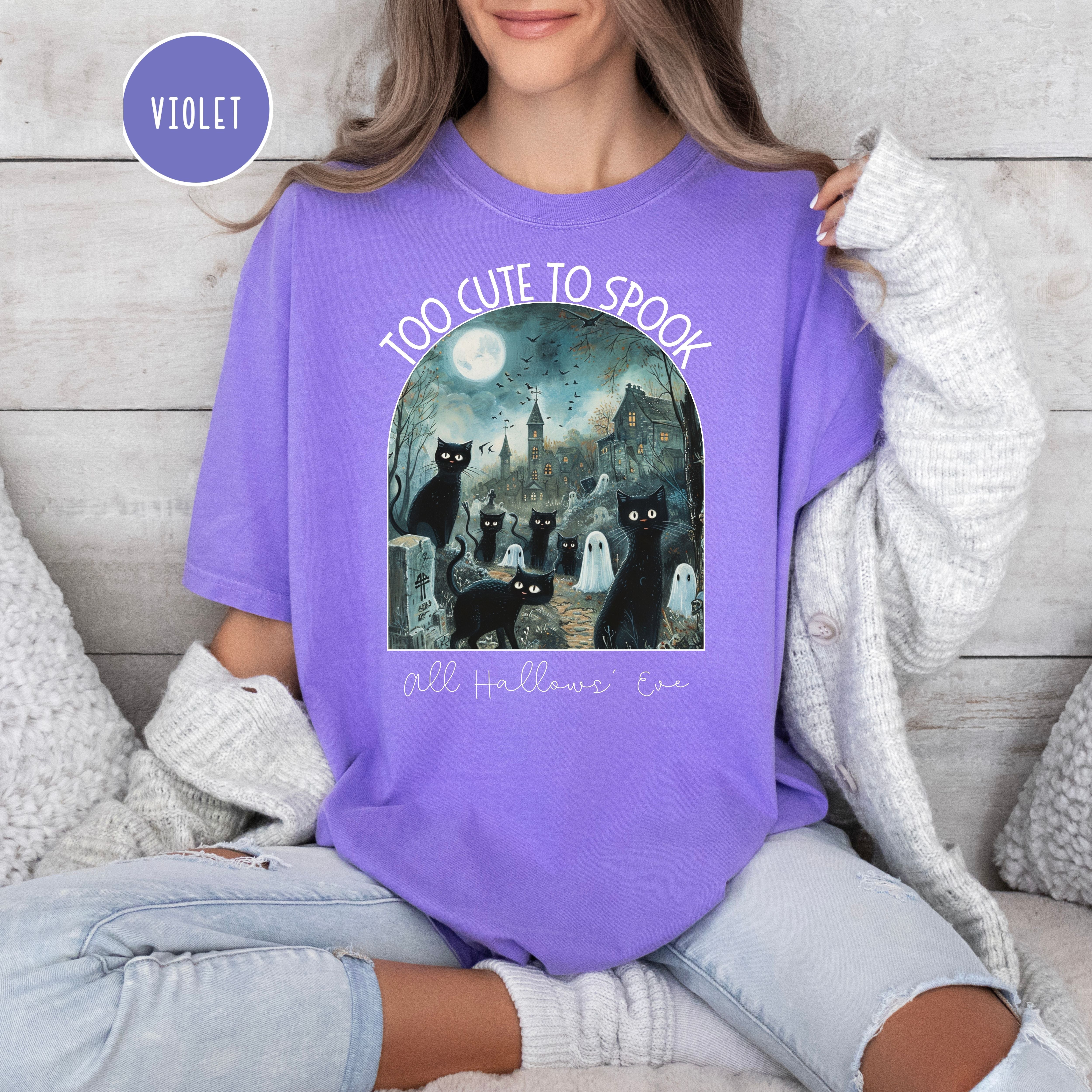 Too Cute To Spook Black Cats in Graveyard Halloween Comfort Colors Tee Shirt