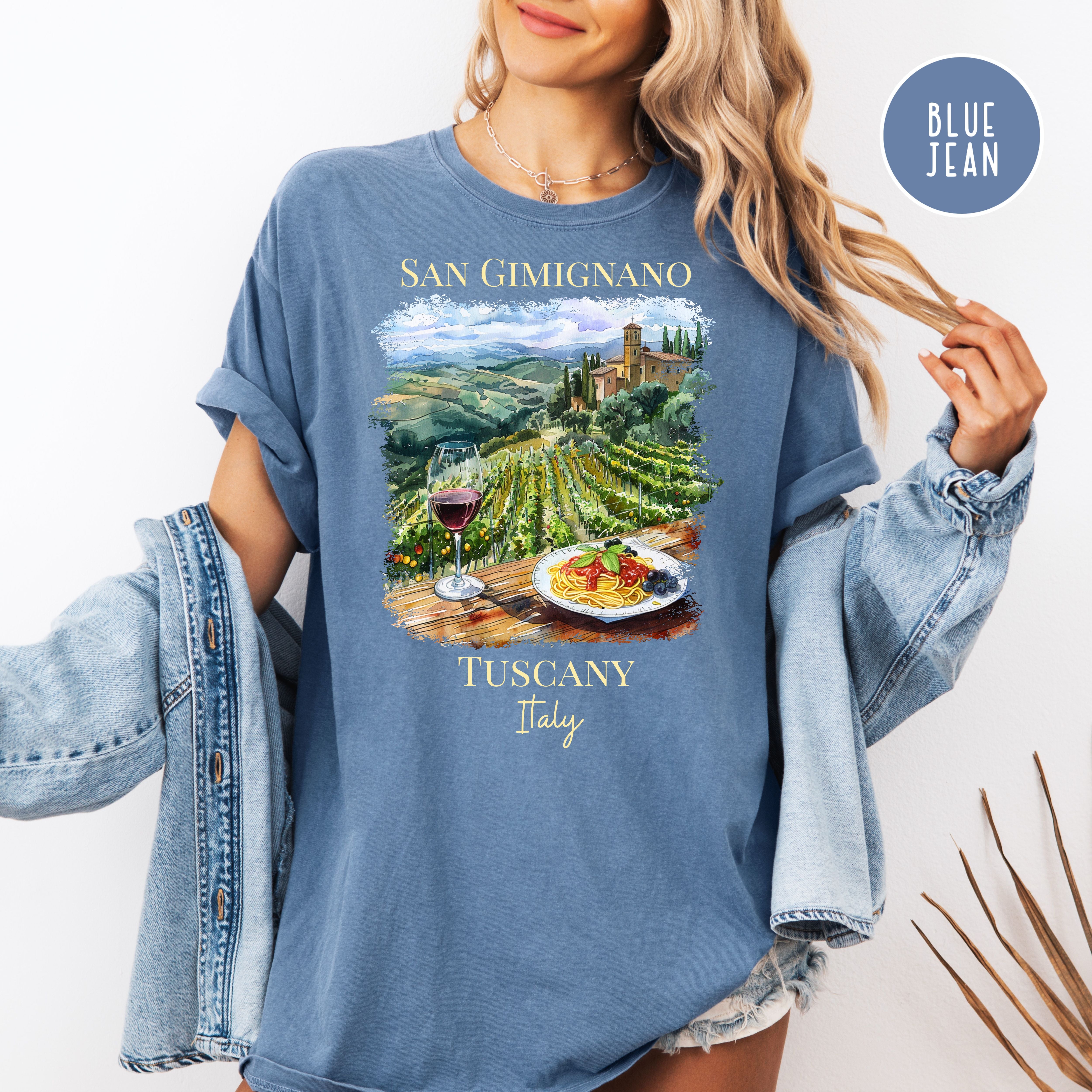 Wine and Pasta in San Gimignano Tuscany Vineyard Italy Comfort Colors Vacation Gift Tee