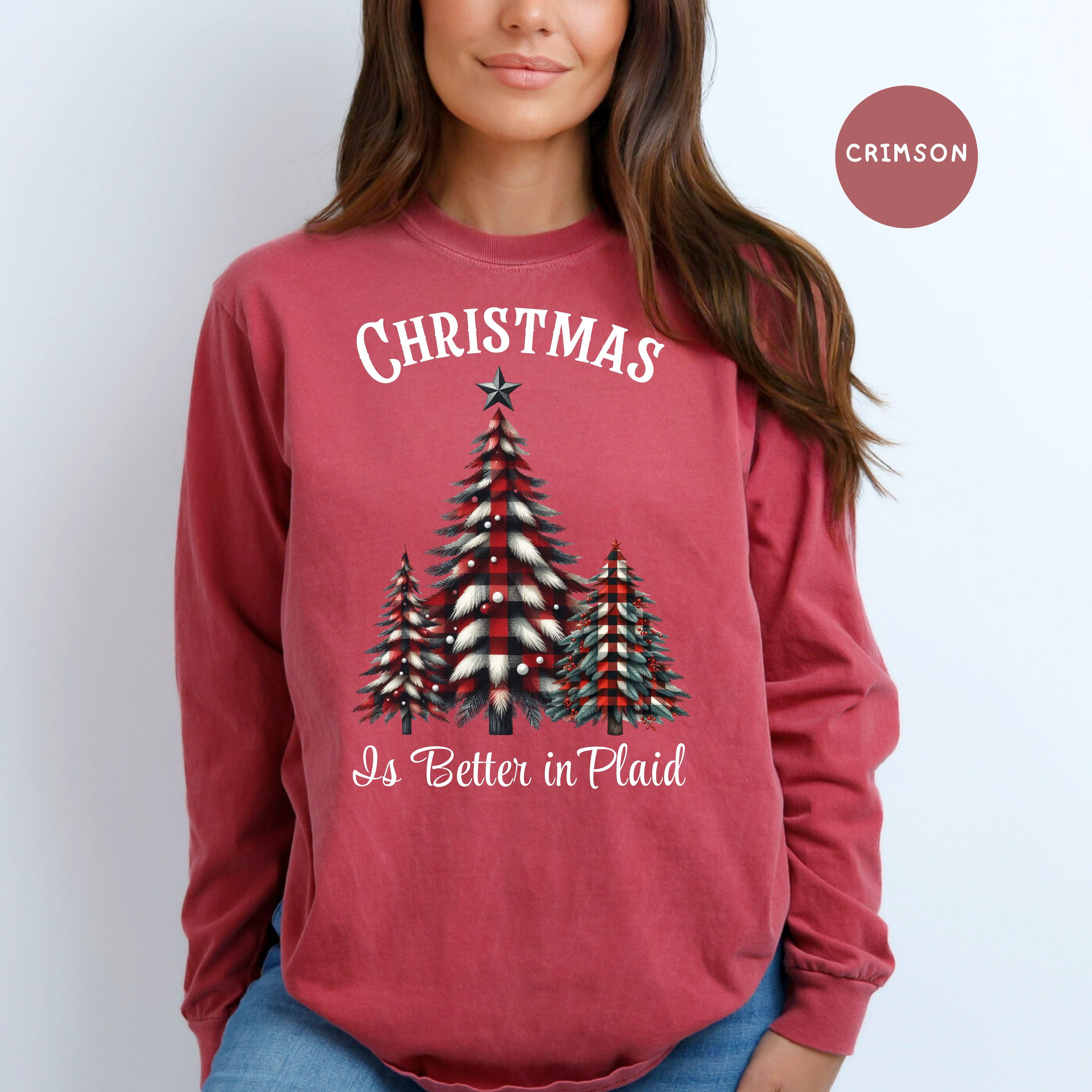 Christmas is Better in Plaid Comfort Colors® Long Sleeve Plaid Christmas Trees Tee