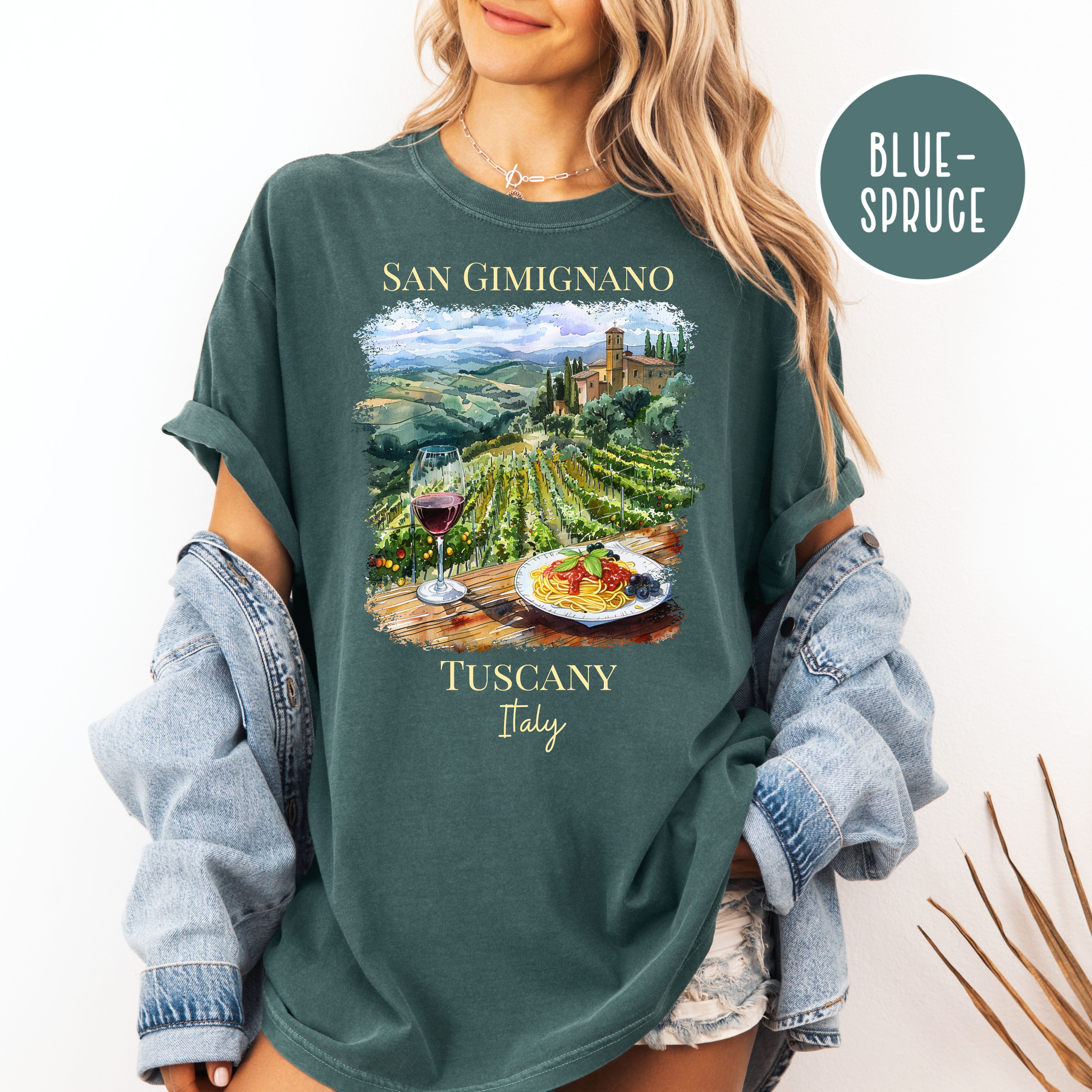 Wine and Pasta in San Gimignano Tuscany Vineyard Italy Comfort Colors Vacation Gift Tee