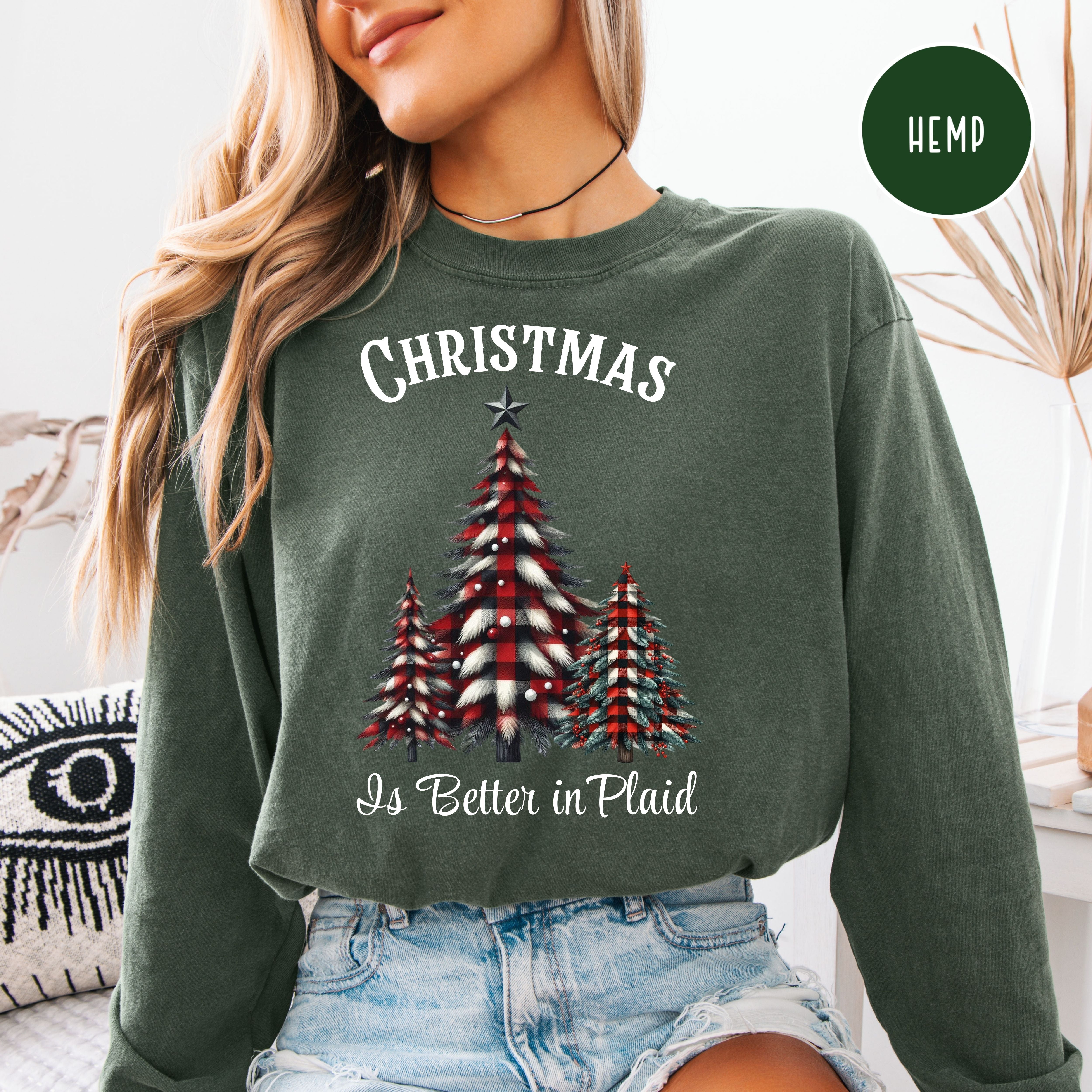 Christmas is Better in Plaid Comfort Colors® Long Sleeve Plaid Christmas Trees Tee