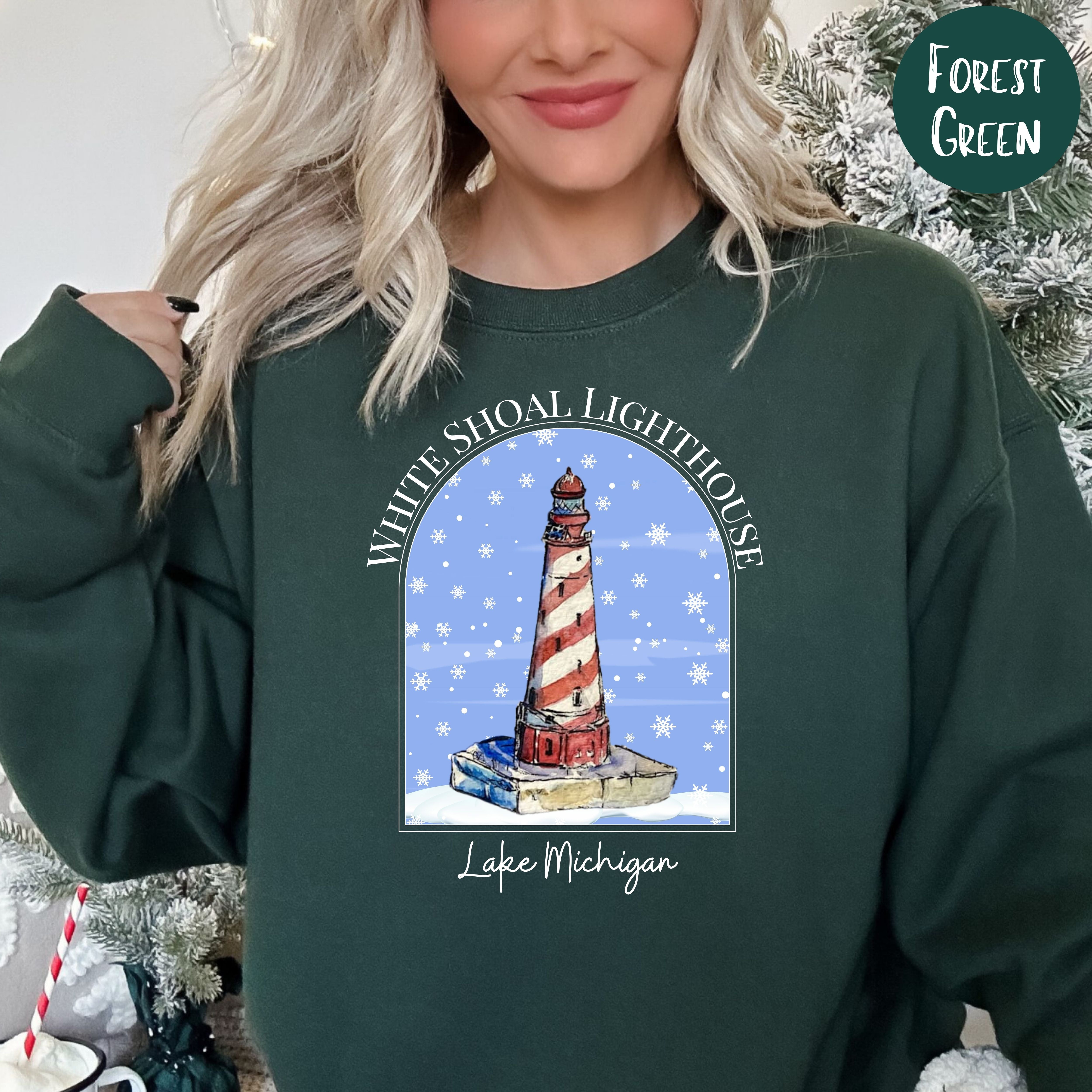 White Shoal Light Lake Michigan Lighthouse Winter Sweatshirt