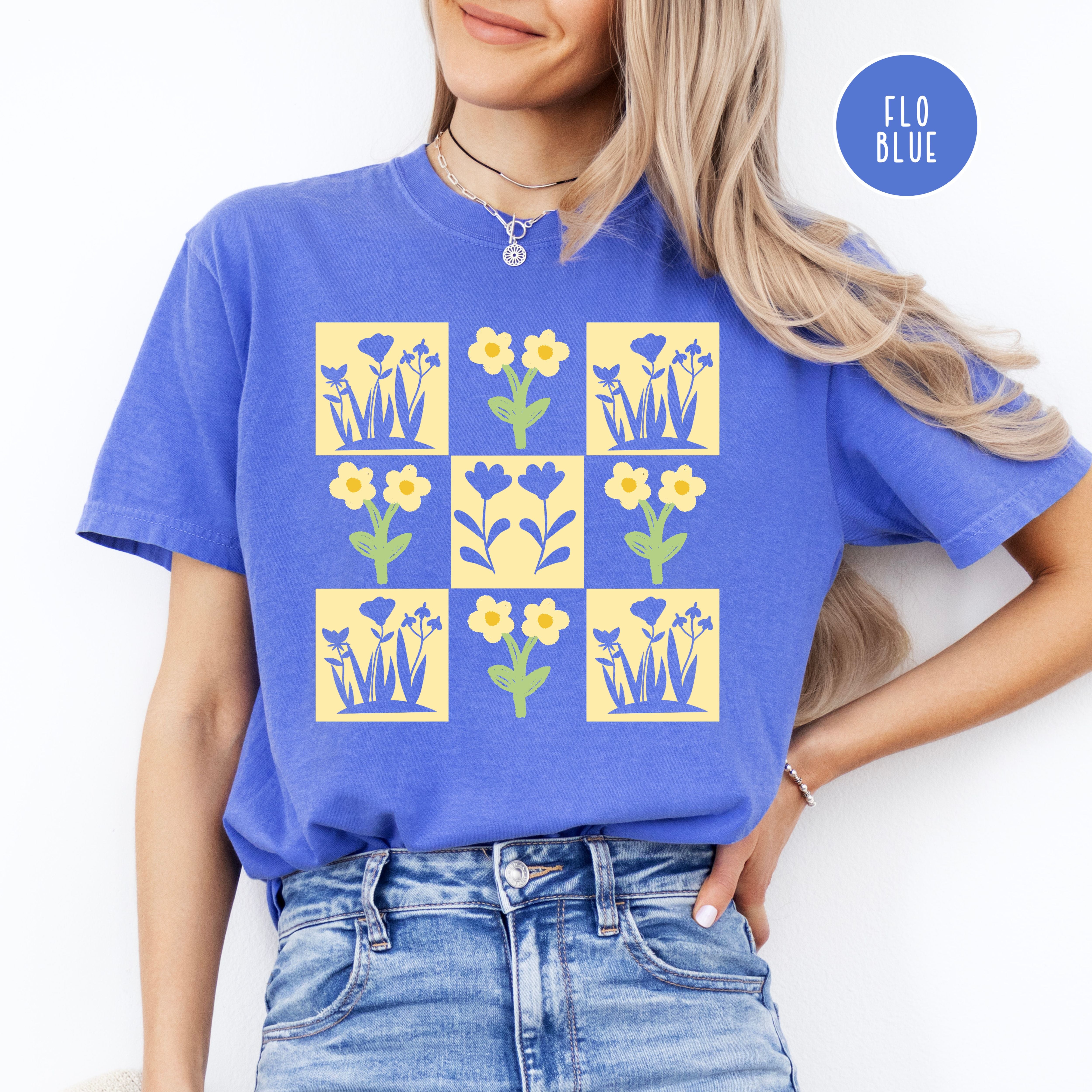 Flower Lover Gift Shirt, Flower Checkerboard Grid Comfort Colors Gift for Garden Lover