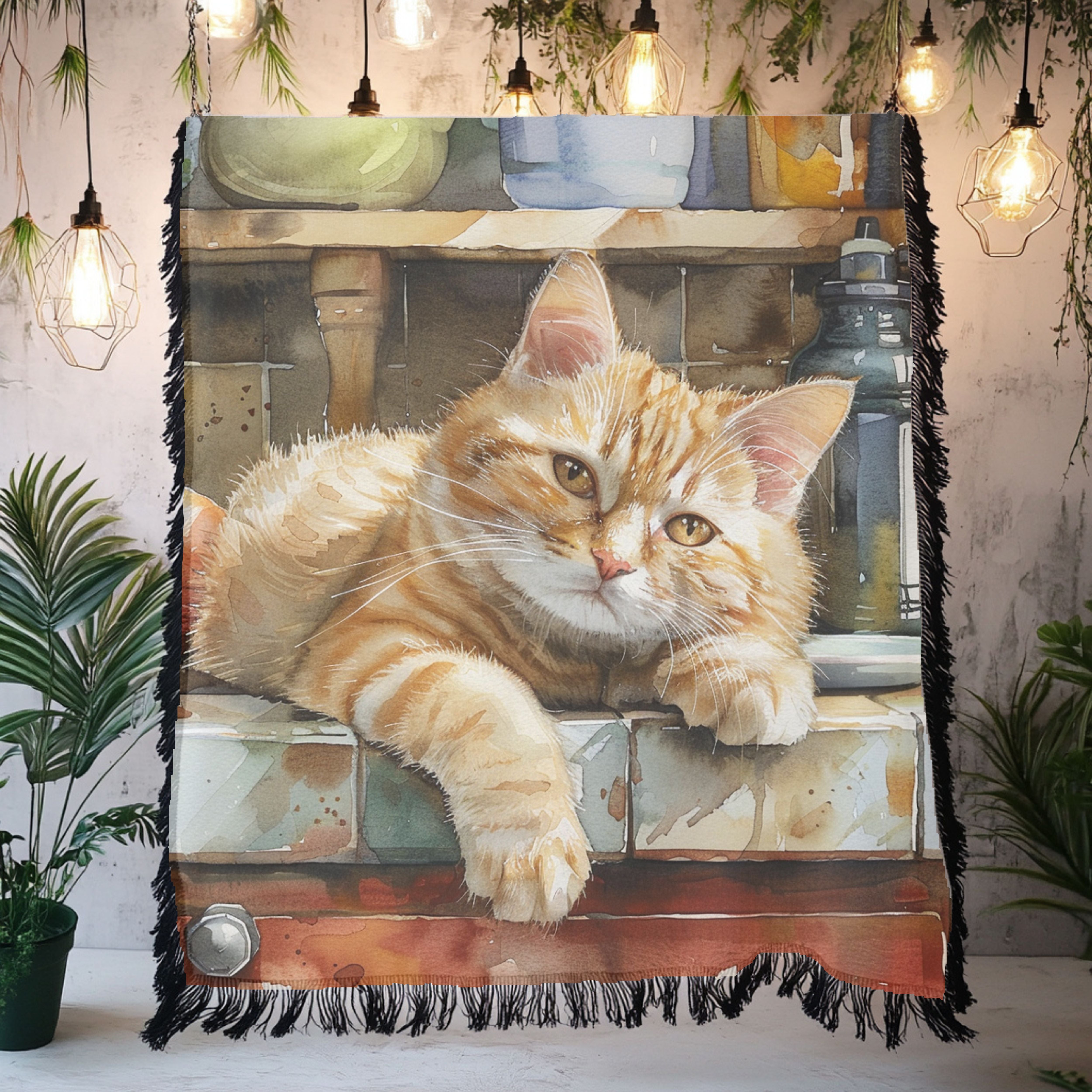 Cat Taking Catnap on Counter Woven Throw Blanket Gift for Cat Lover
