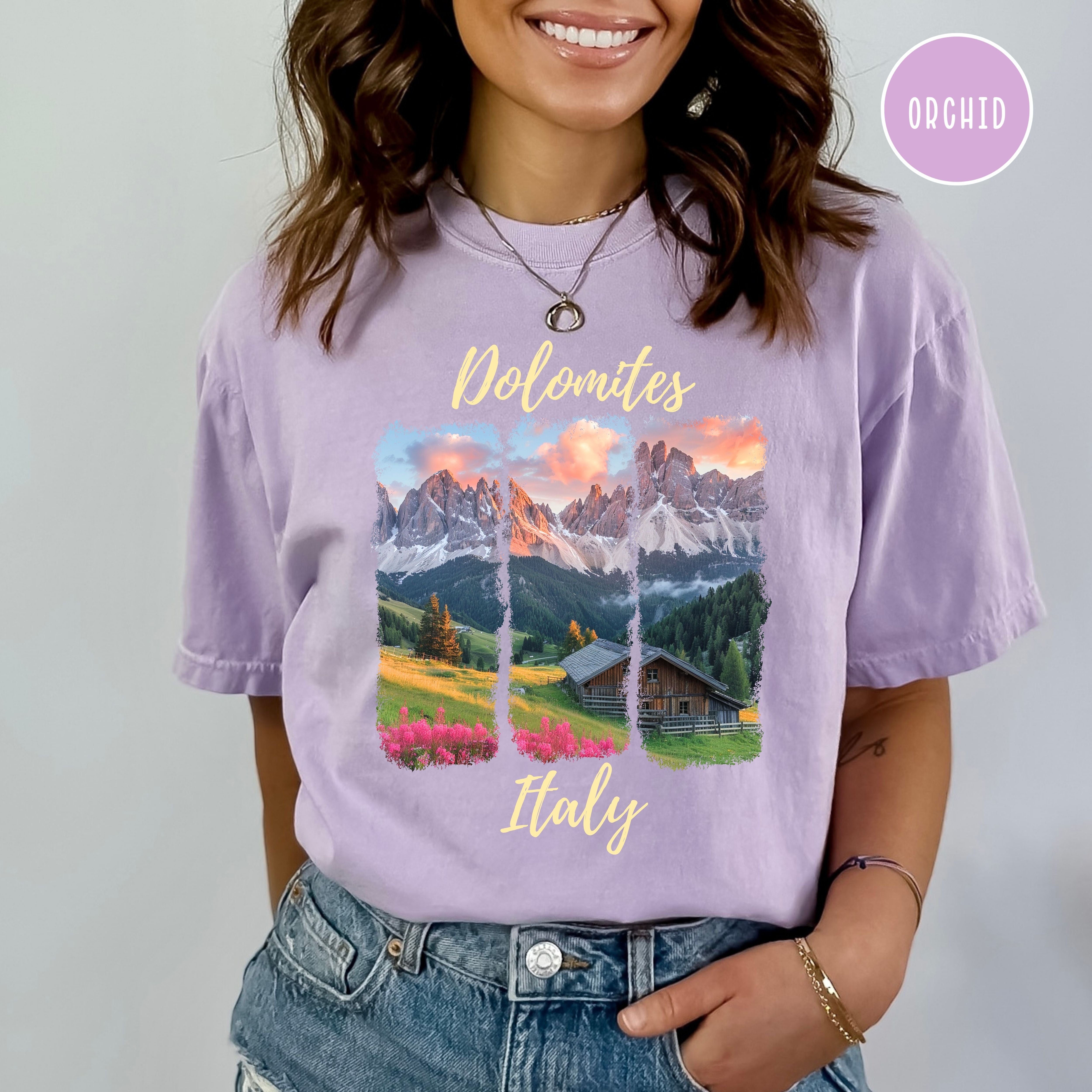 The Dolomites at Sunrise over Italian Village Comfort Colors® Tee