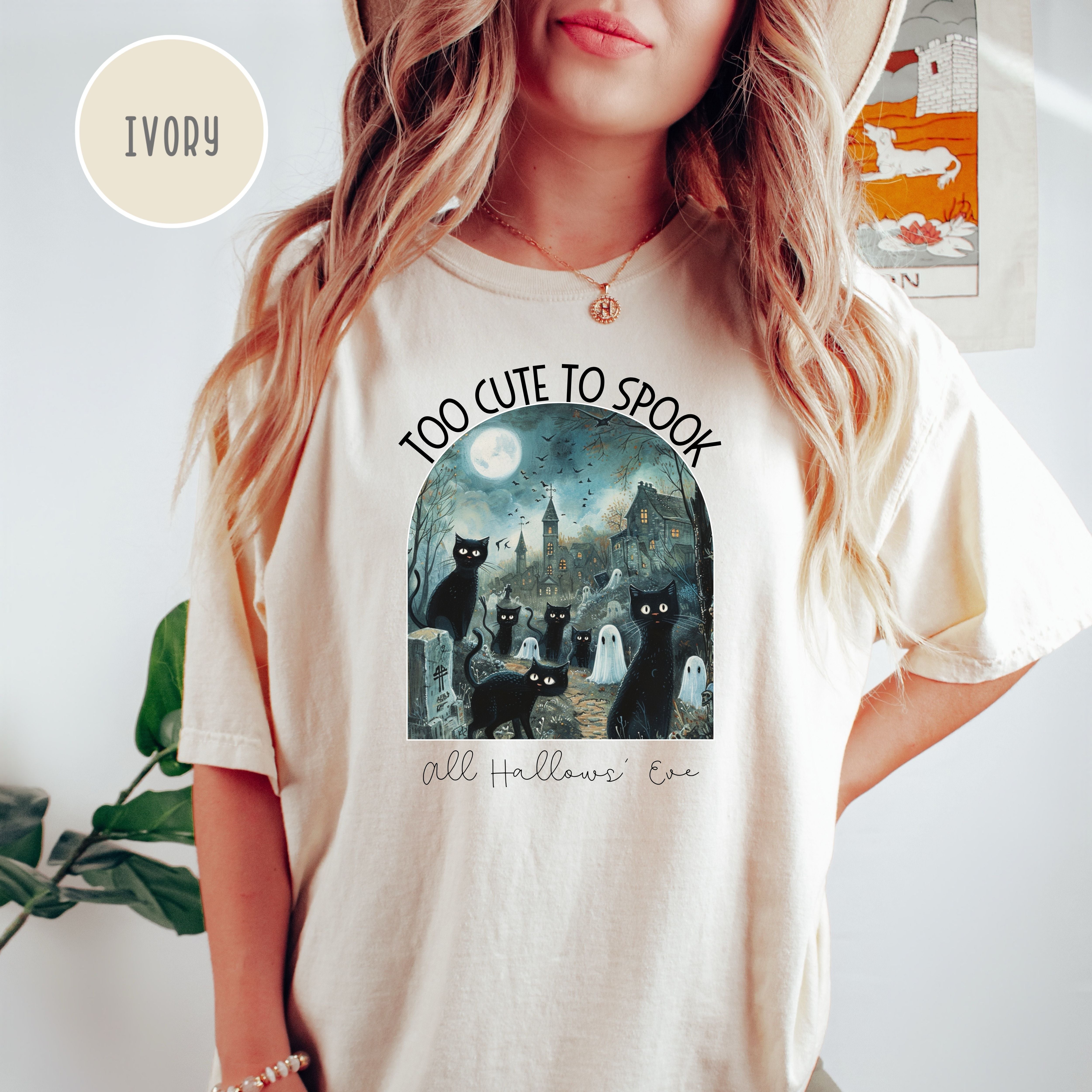 Too Cute To Spook Black Cats in Graveyard Halloween Comfort Colors Tee Shirt