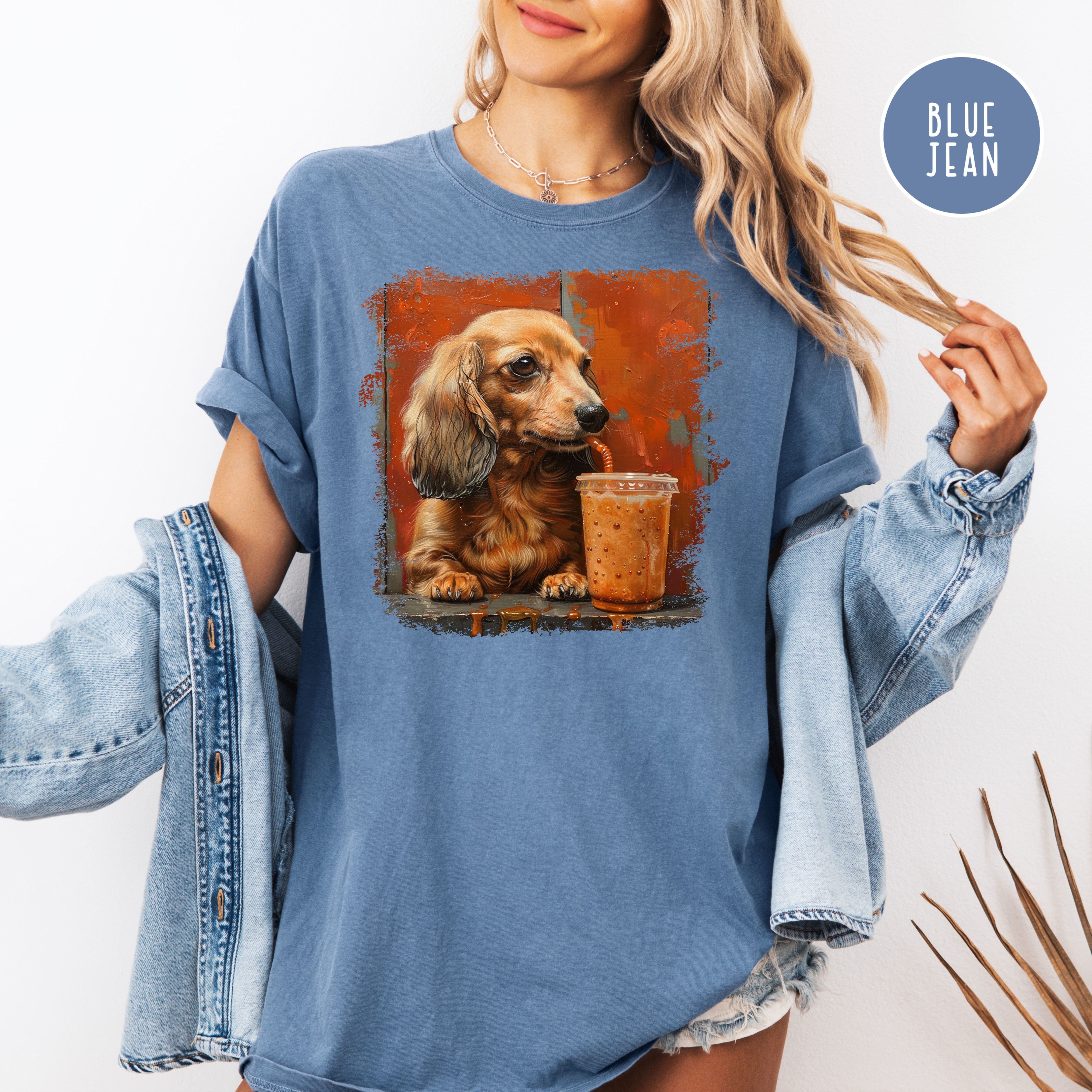 Dachshund Lover Comfort Colors T-Shirt, Doxie Mama Shirt, Dachshund Drinking Coffee, Dog Lover Art, Wiener Dog Shirt, Sausage Dog Gift
