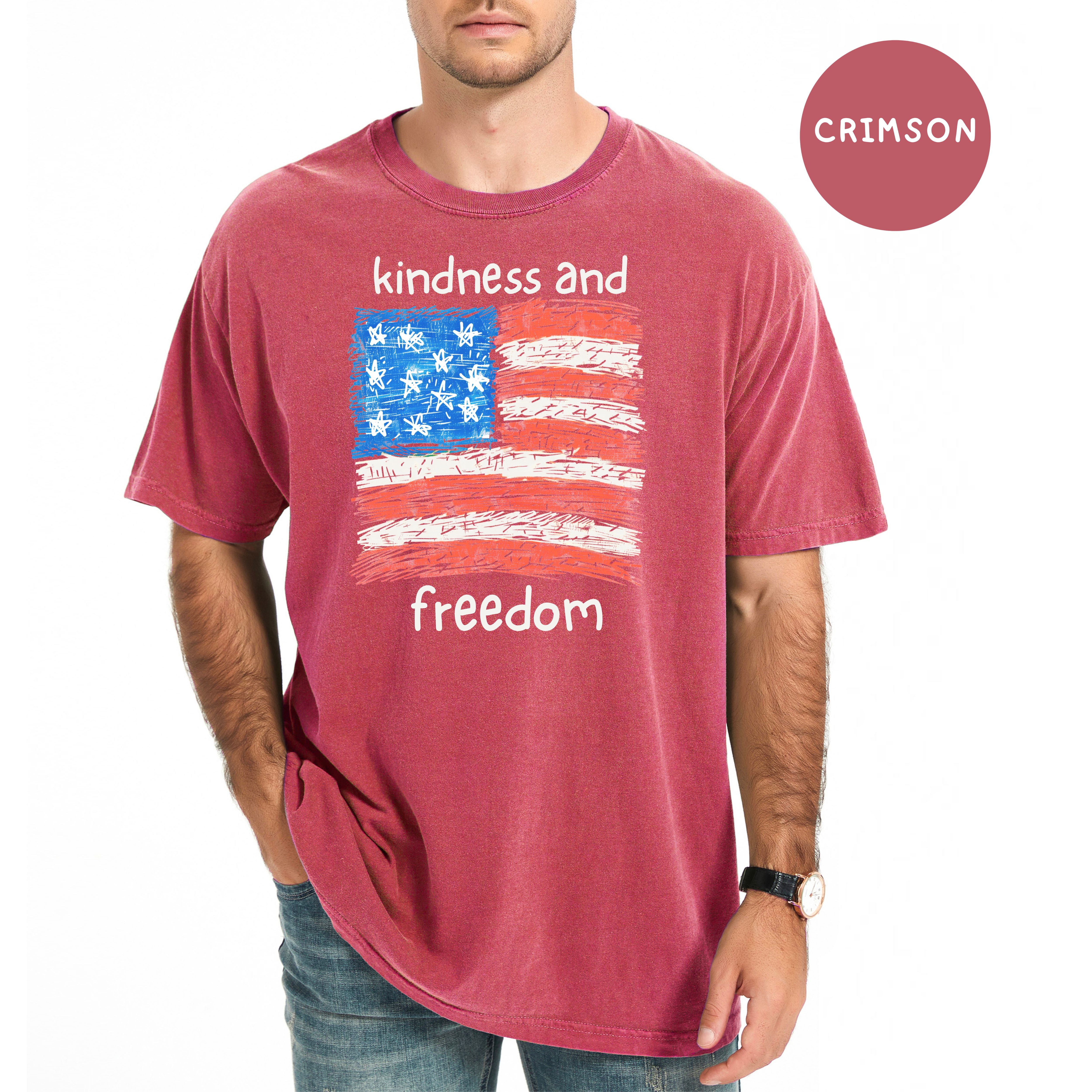 Freedom and Kindness 4th of July Shirt, USA Flag Drawing Comfort Colors T-Shirt, Fun Patriotic Shirt, Kindness Shirt, Be Kind Gift Shirt