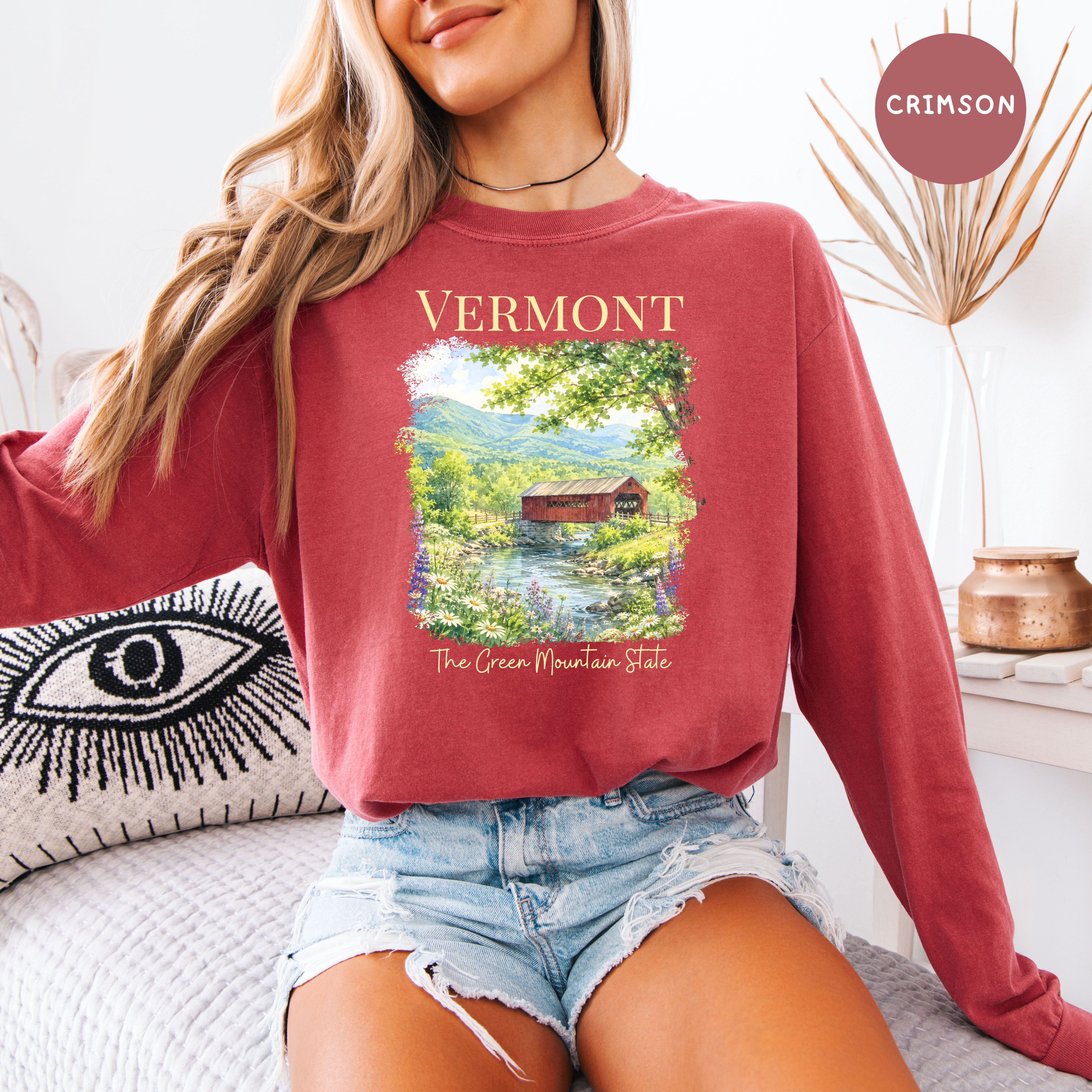 Vermont Long Sleeve Comfort Colors Vacation Gift Tee Shirt, Red Covered Bridge Vermont Shirt, Vermont Travel Gift, The Green Mountain State