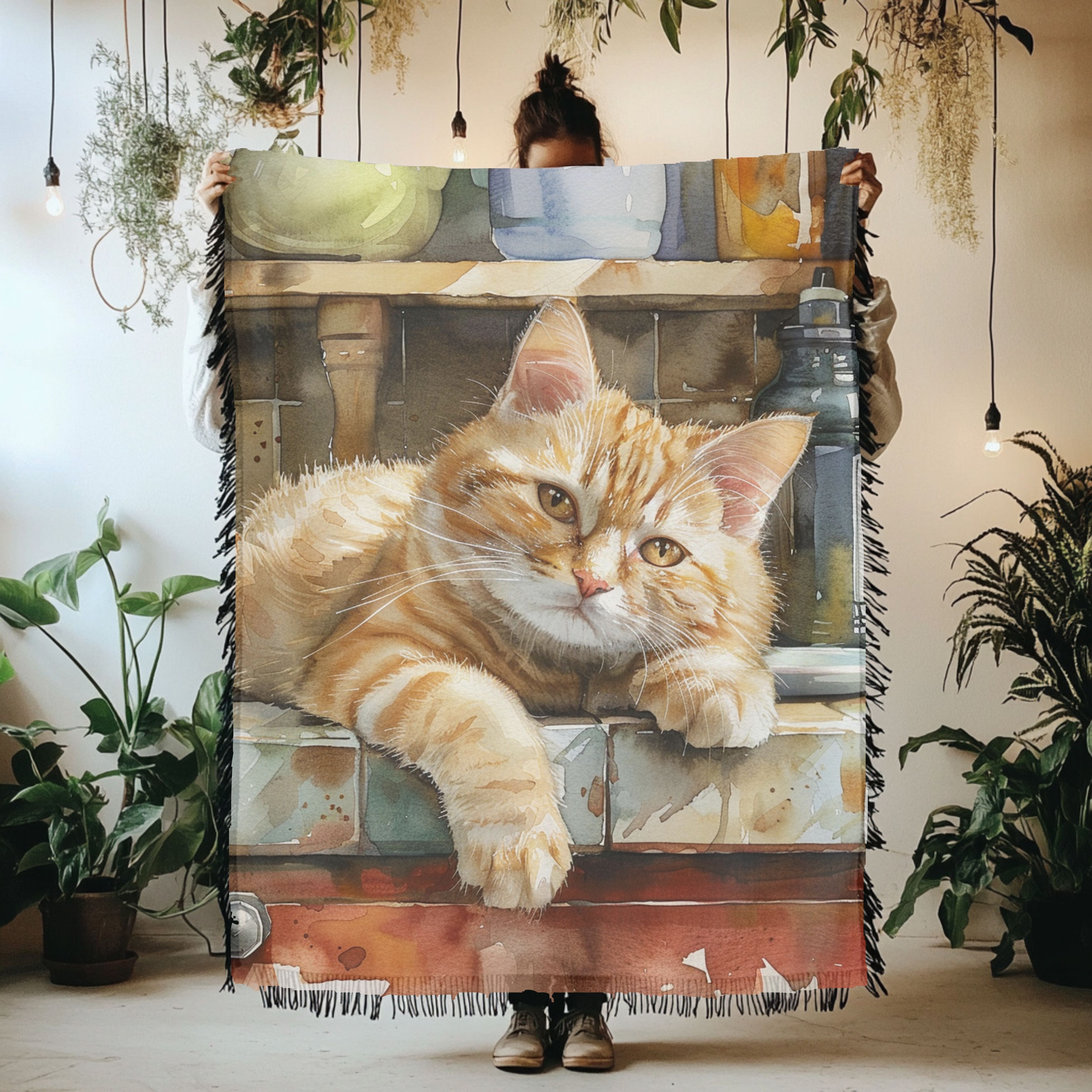 Cat Taking Catnap on Counter Woven Throw Blanket Gift for Cat Lover