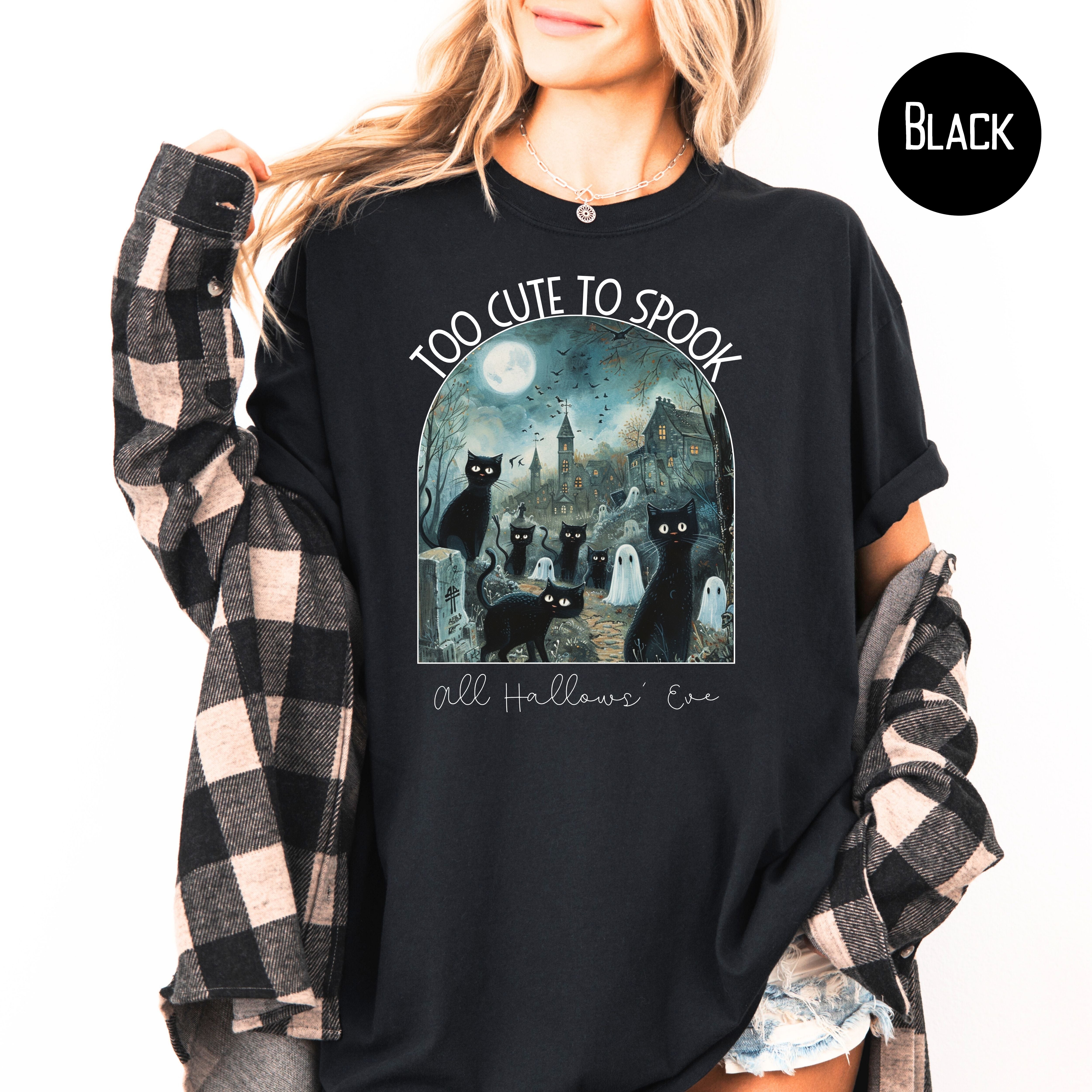 Too Cute To Spook Black Cats in Graveyard Halloween Comfort Colors Tee Shirt