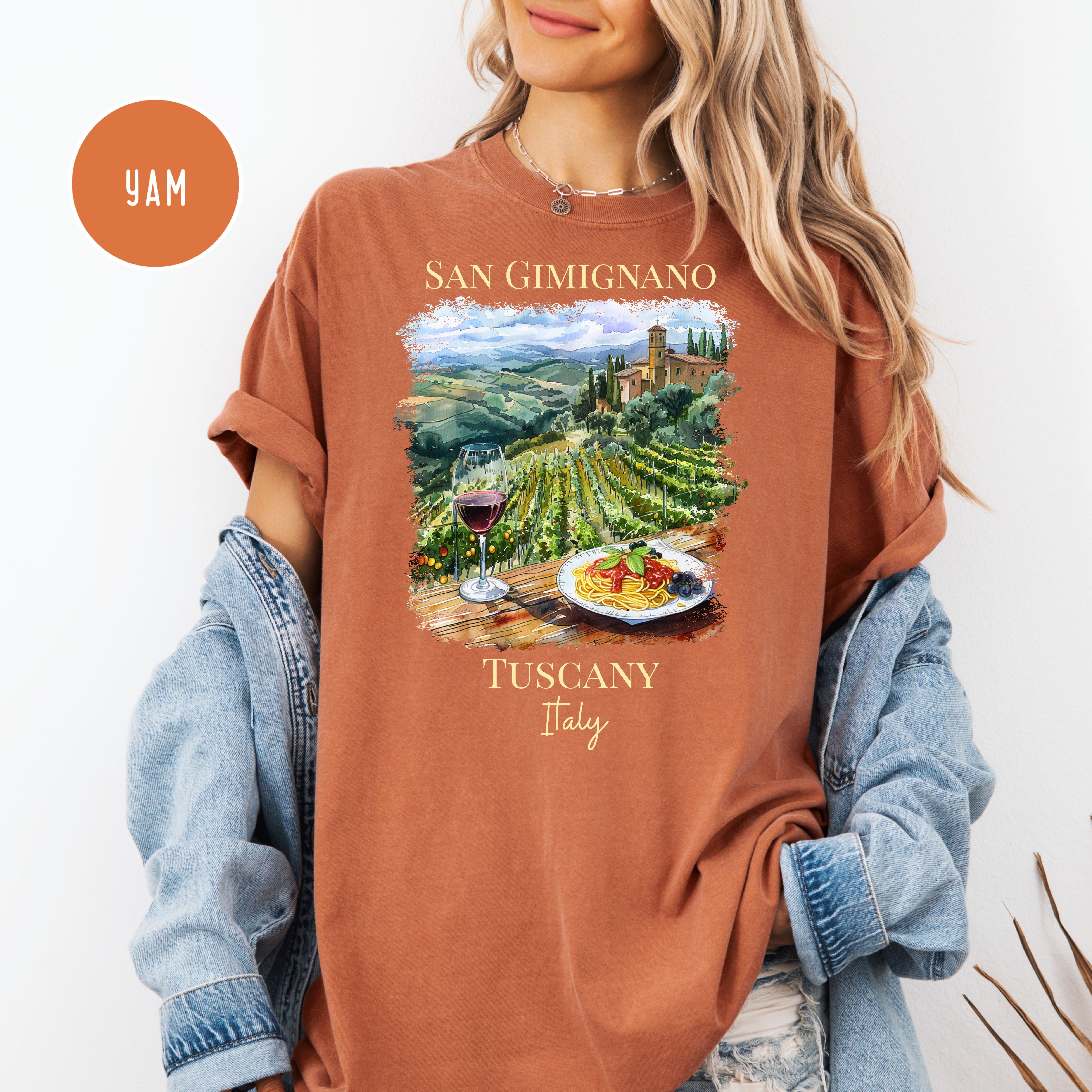 Wine and Pasta in San Gimignano Tuscany Vineyard Italy Comfort Colors Vacation Gift Tee