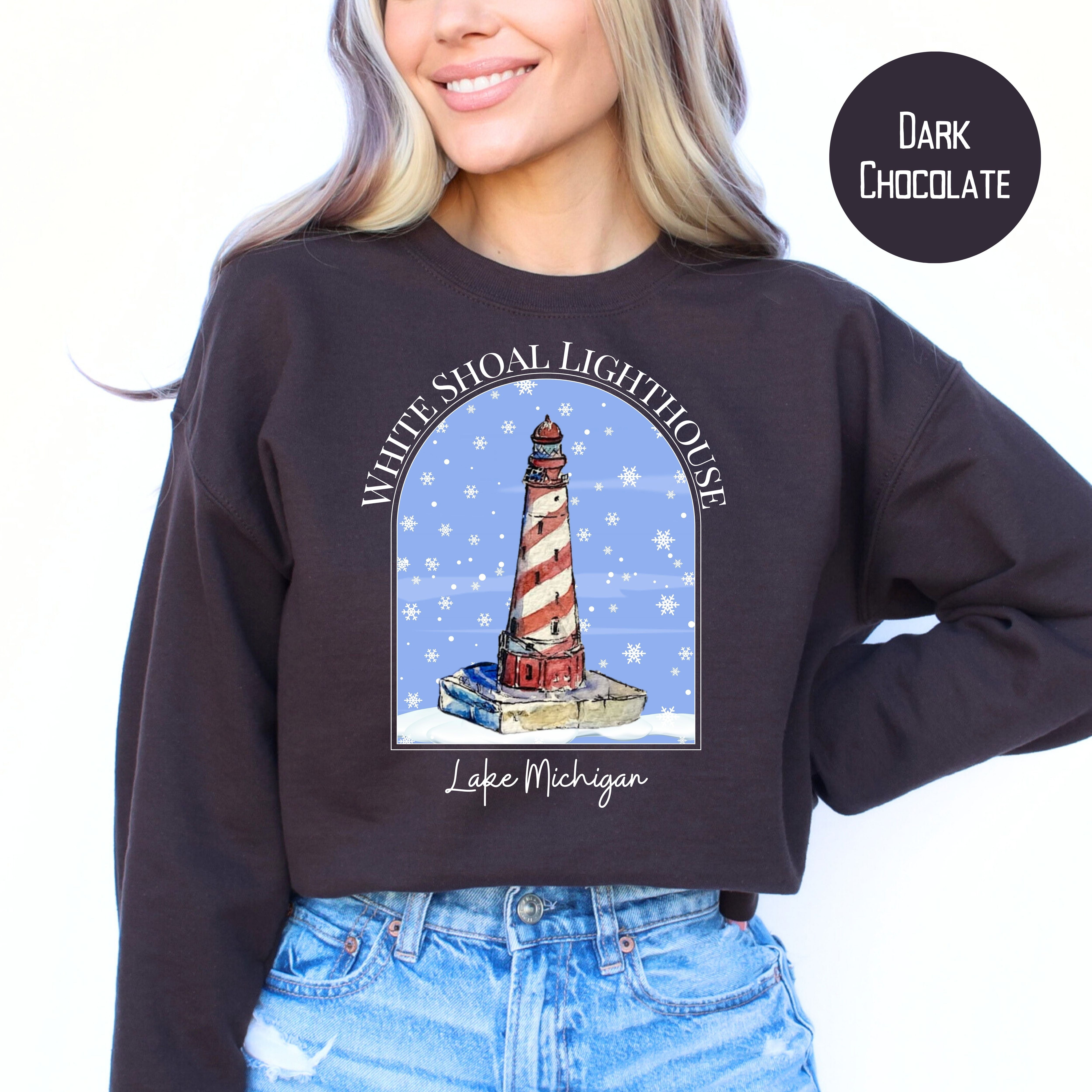 White Shoal Light Lake Michigan Lighthouse Winter Sweatshirt