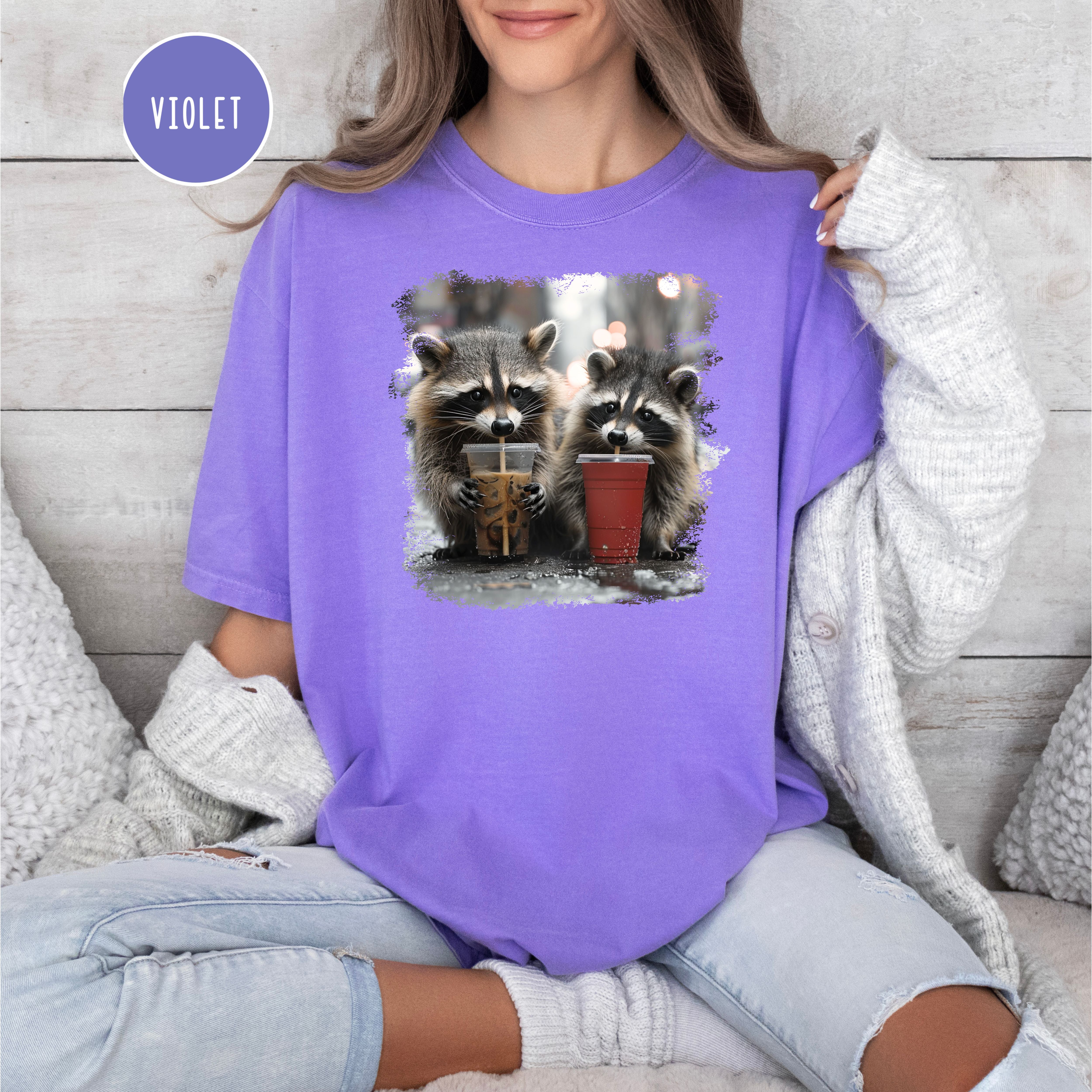 Cute Raccoons Iced Coffee in Solo Cup, Raccoon Lover Comfort Colors T-Shirt, Animal Meme Shirt, Funny Raccoon Shirt, Coffee Drinker Shirt
