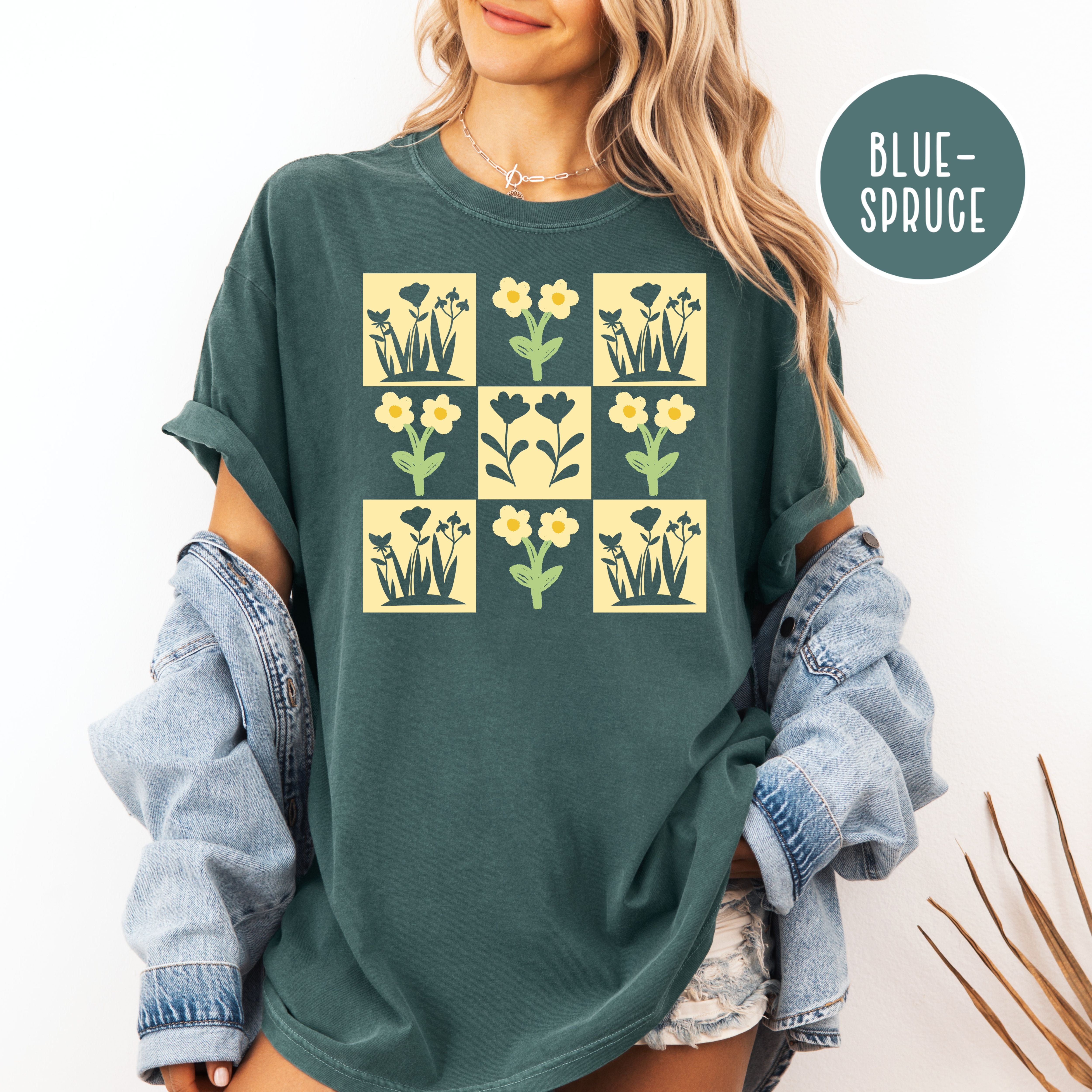 Flower Lover Gift Shirt, Flower Checkerboard Grid Comfort Colors Gift for Garden Lover
