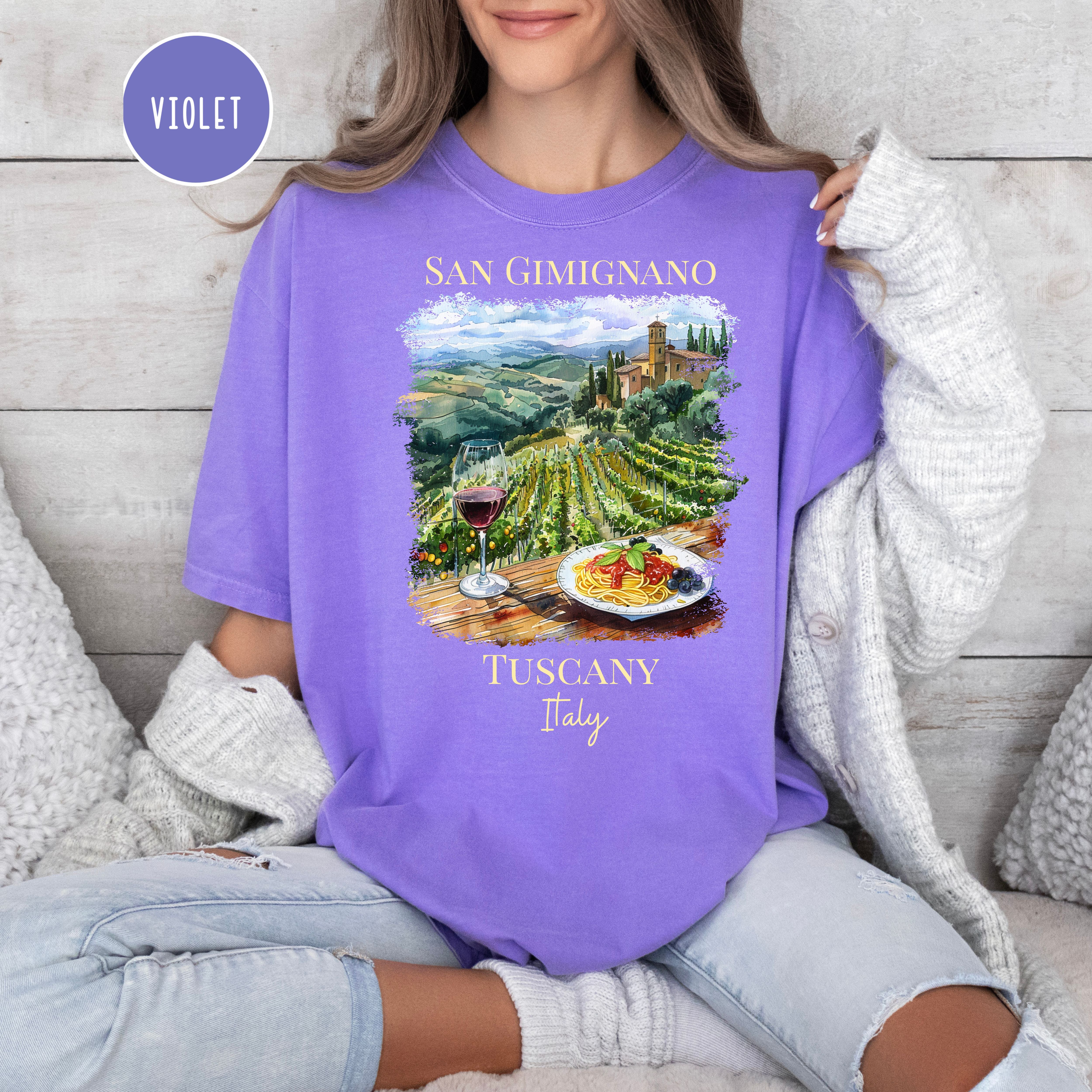 Wine and Pasta in San Gimignano Tuscany Vineyard Italy Comfort Colors Vacation Gift Tee