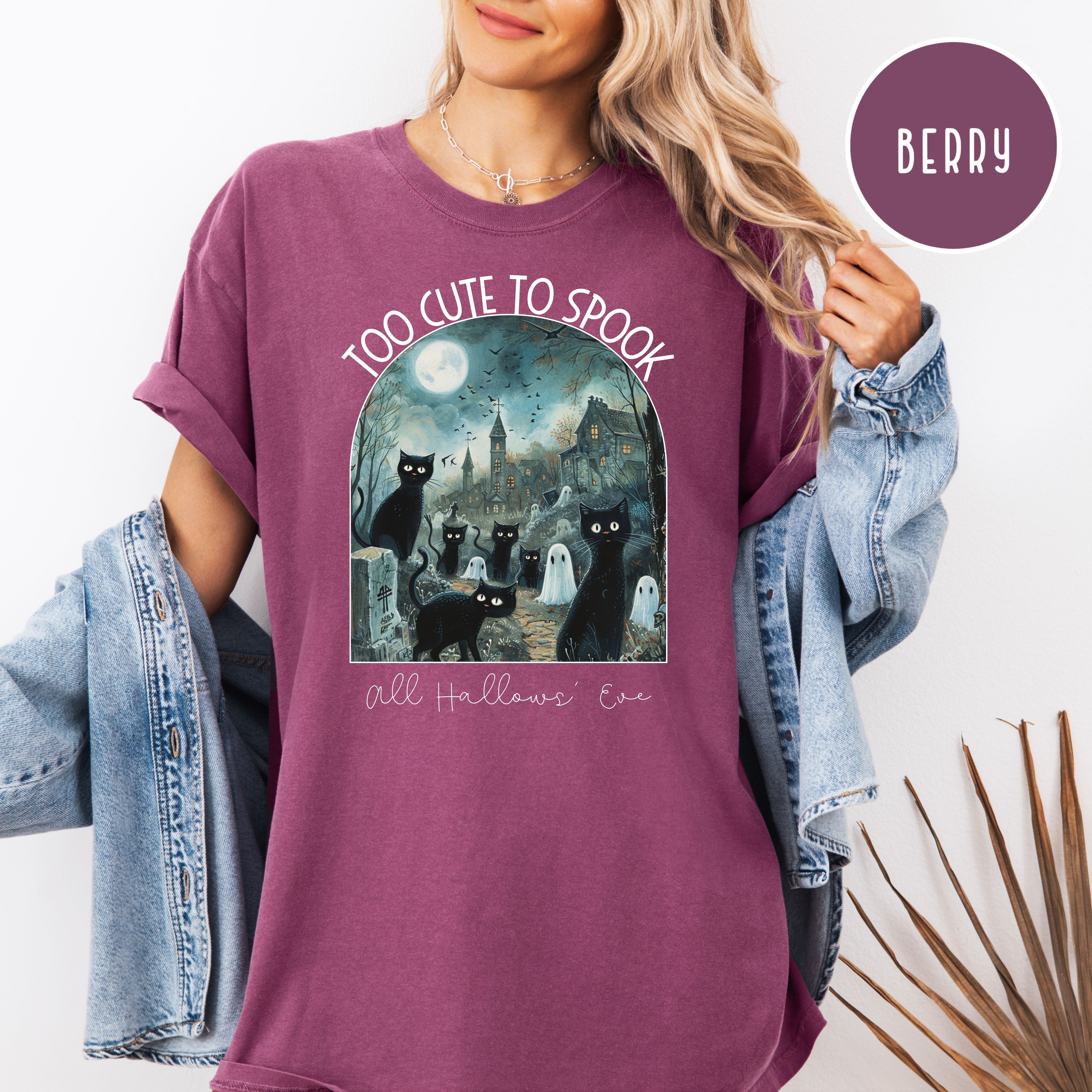 Too Cute To Spook Black Cats in Graveyard Halloween Comfort Colors Tee Shirt
