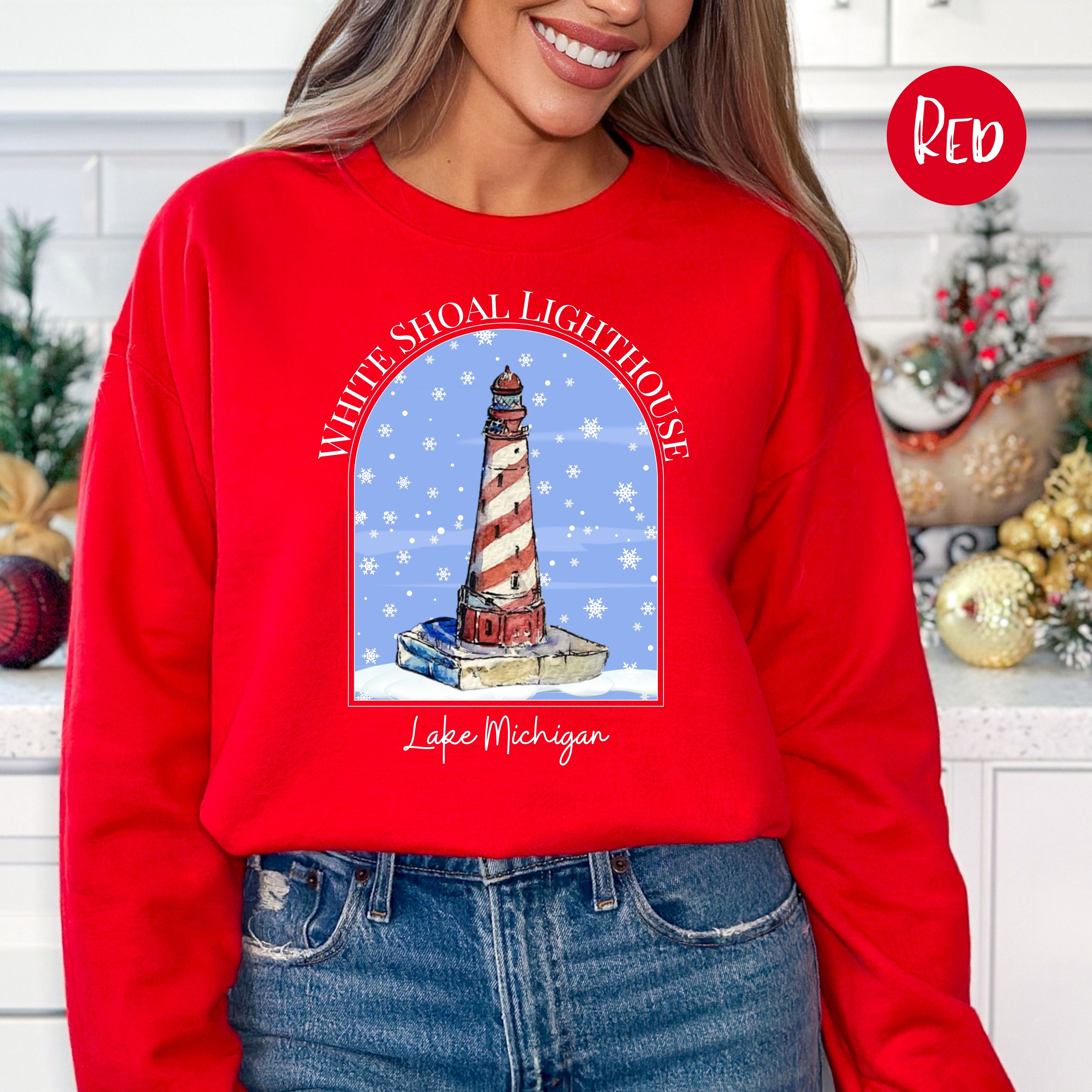 White Shoal Light Lake Michigan Lighthouse Winter Sweatshirt