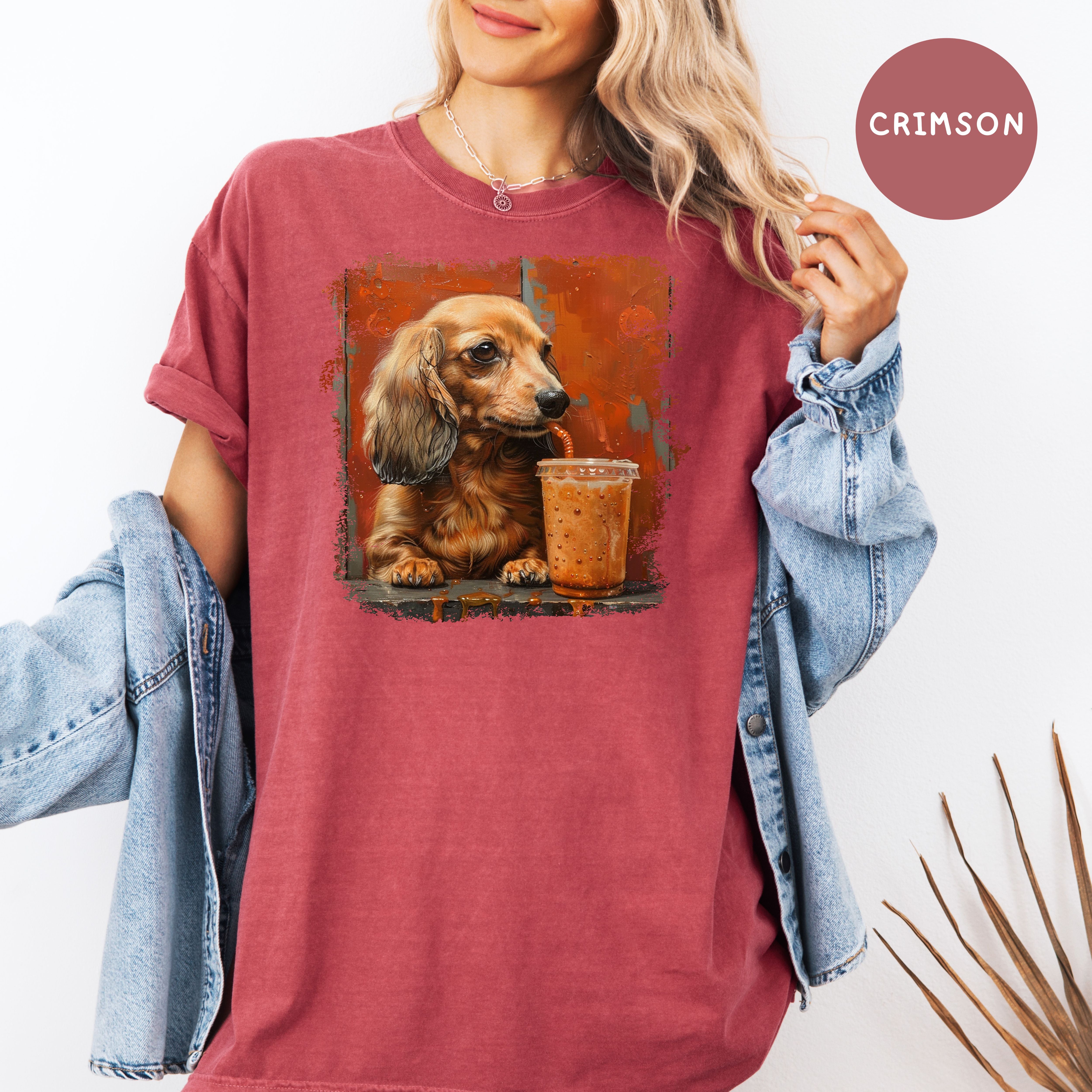 Dachshund Lover Comfort Colors T-Shirt, Doxie Mama Shirt, Dachshund Drinking Coffee, Dog Lover Art, Wiener Dog Shirt, Sausage Dog Gift
