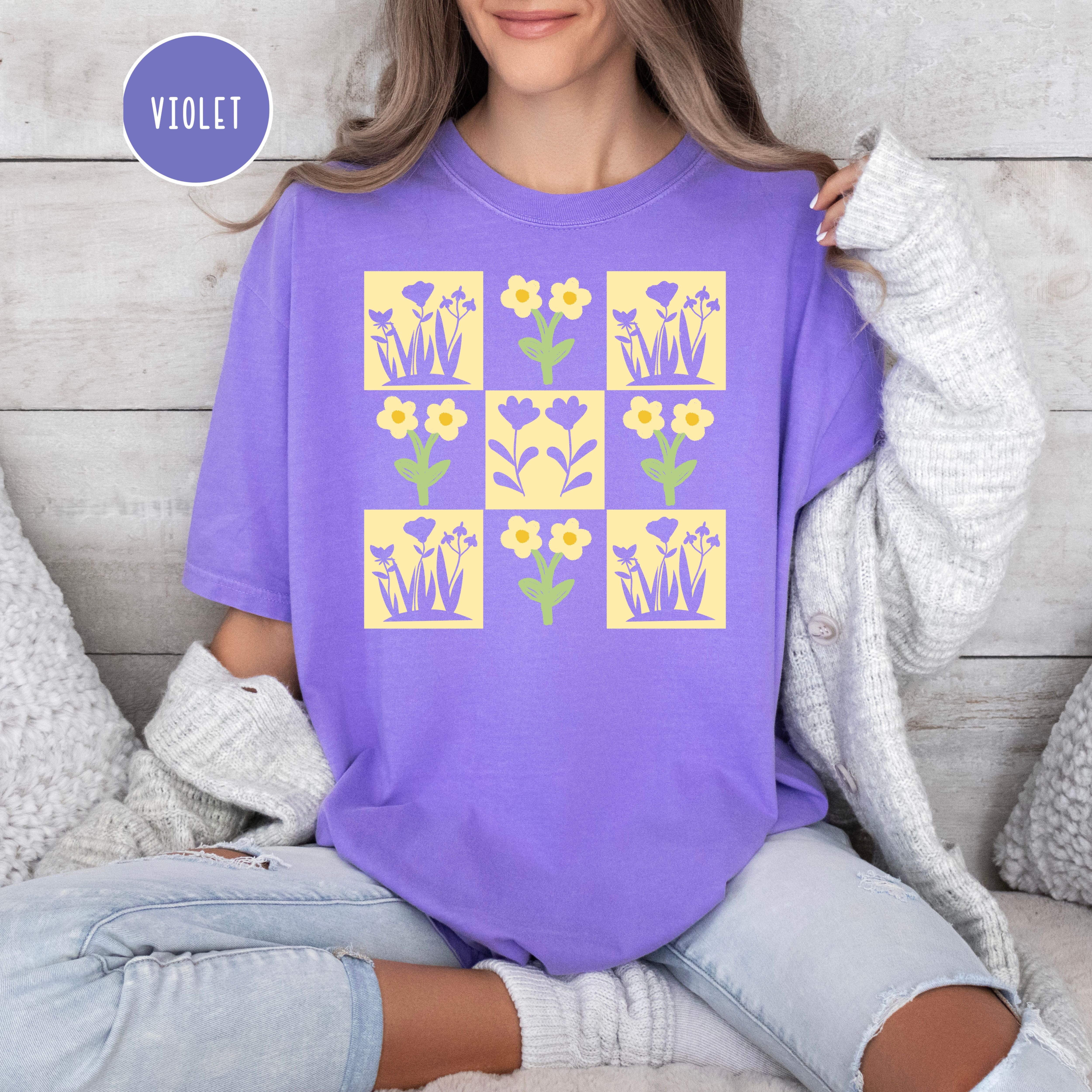 Flower Lover Gift Shirt, Flower Checkerboard Grid Comfort Colors Gift for Garden Lover