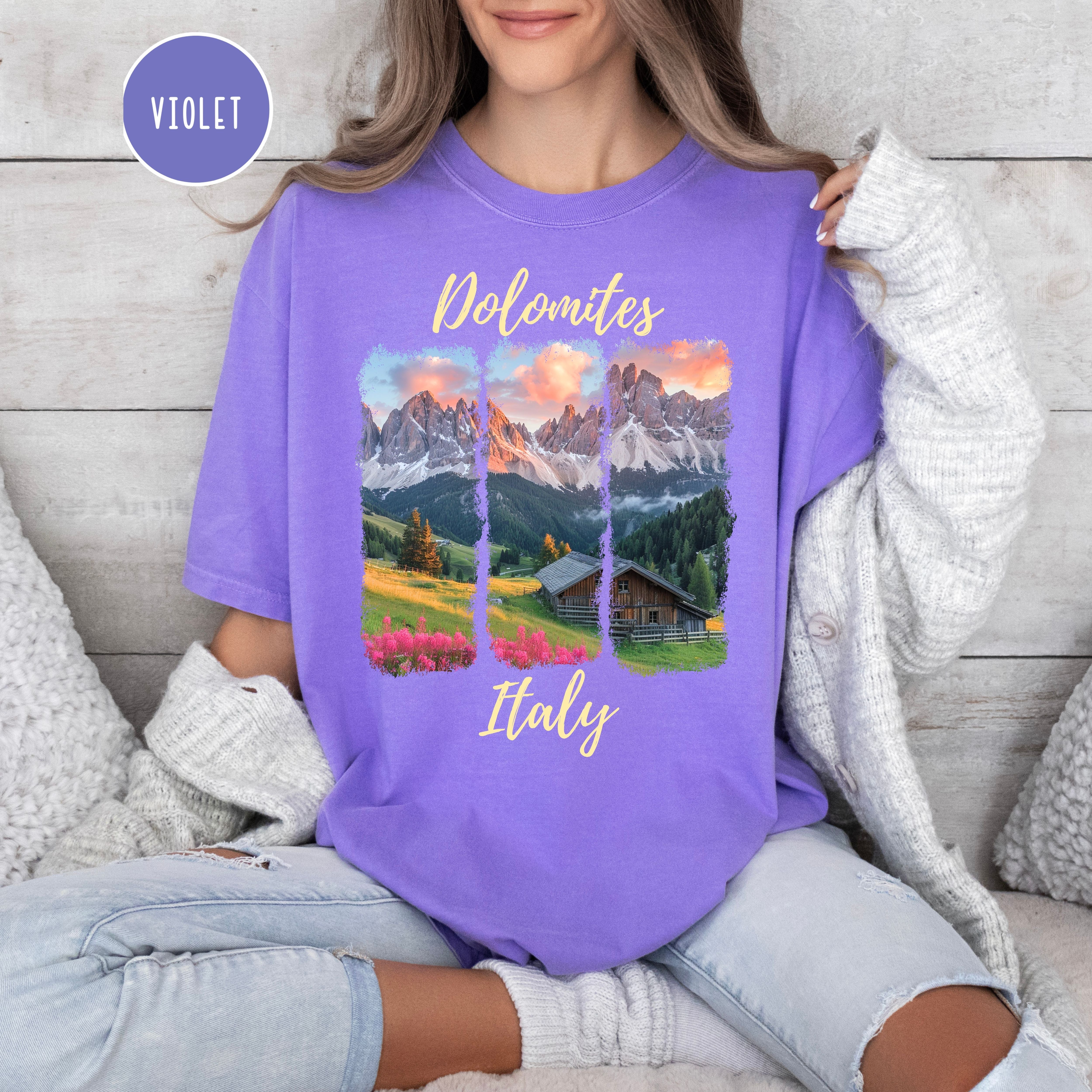 The Dolomites at Sunrise over Italian Village Comfort Colors® Tee