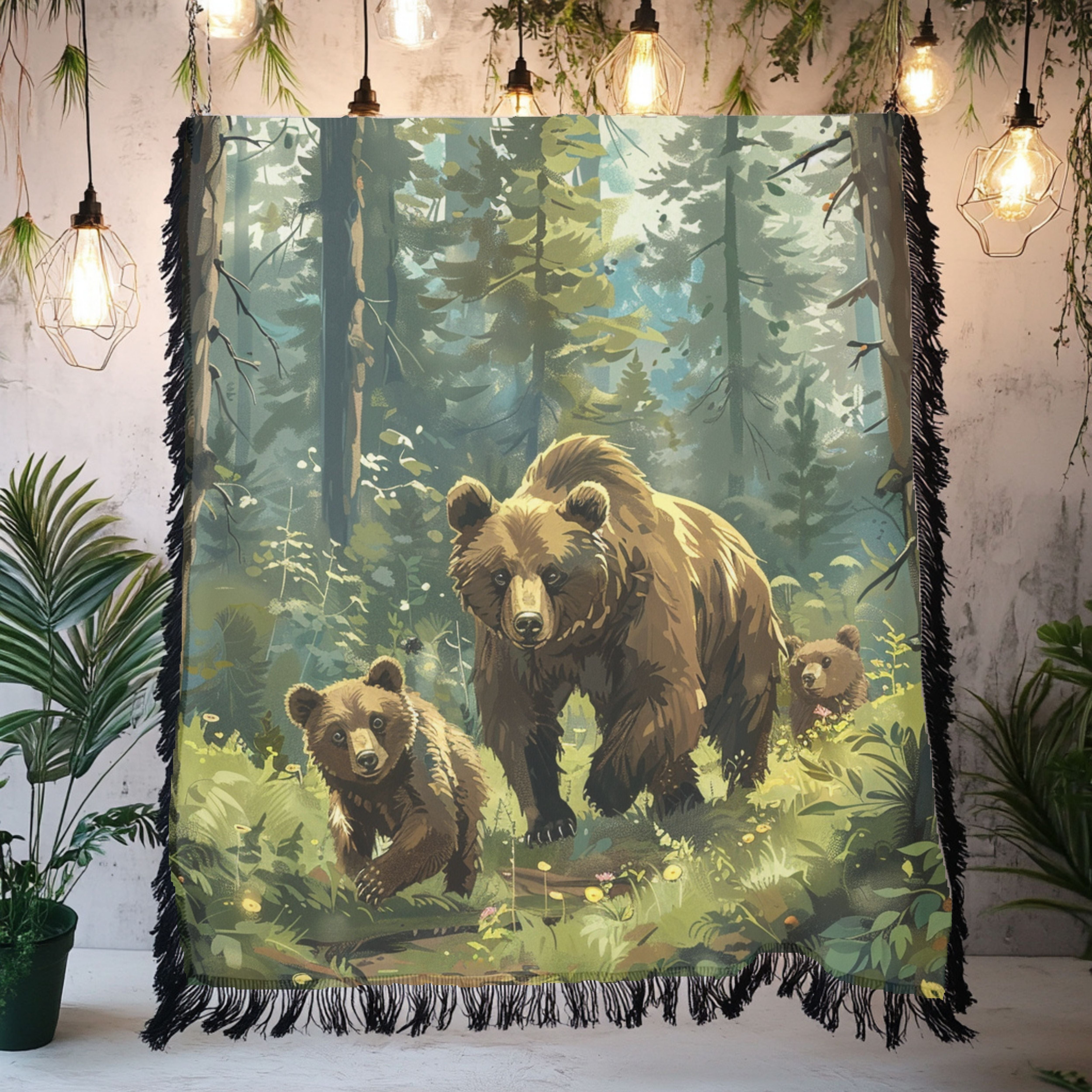 Mama Bear With Cubs In The Forest Woven Throw Blanket