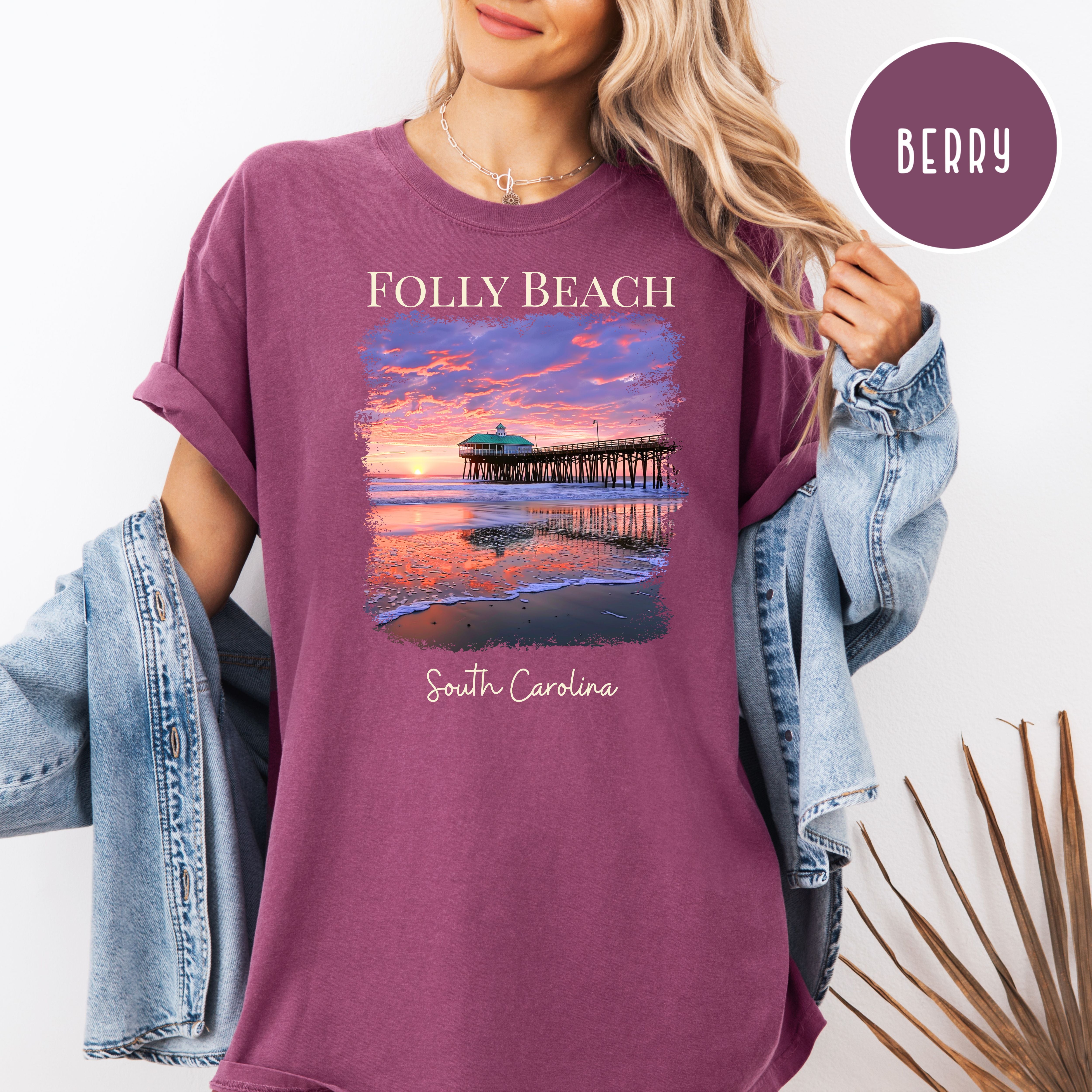 Folly Beach South Carolina Comfort Colors Beach Sunset Tee
