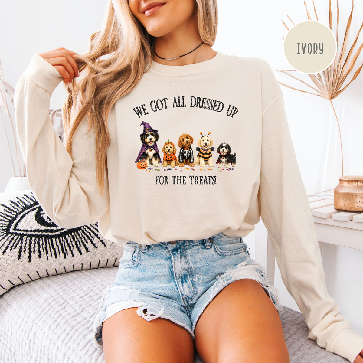 Halloween & Doodles Funny Dog Lover Long Sleeve Comfort Colors T-Shirt, Doodle Lover Halloween Gift, Doodle Dogs in Halloween Costumes Tee