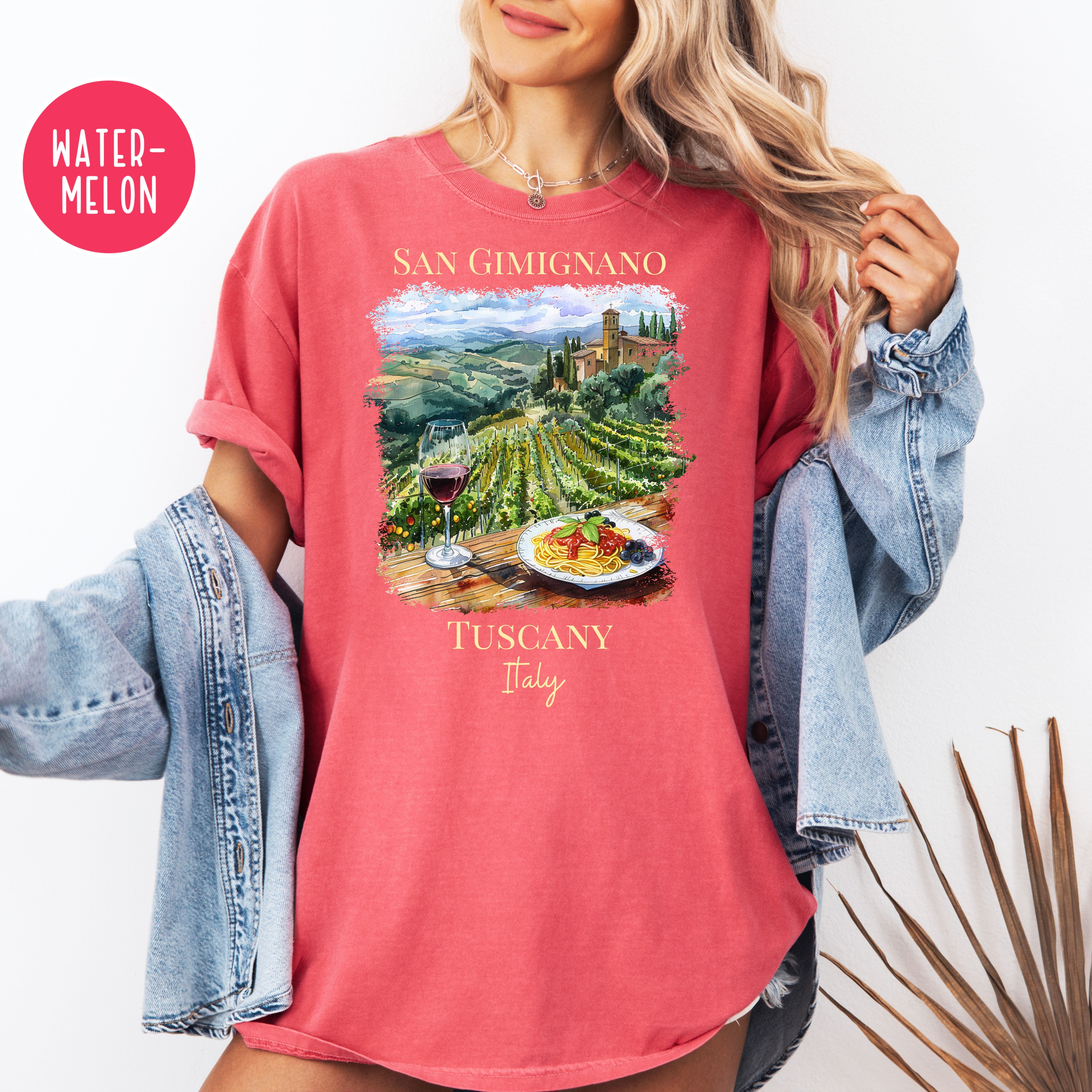 Wine and Pasta in San Gimignano Tuscany Vineyard Italy Comfort Colors Vacation Gift Tee
