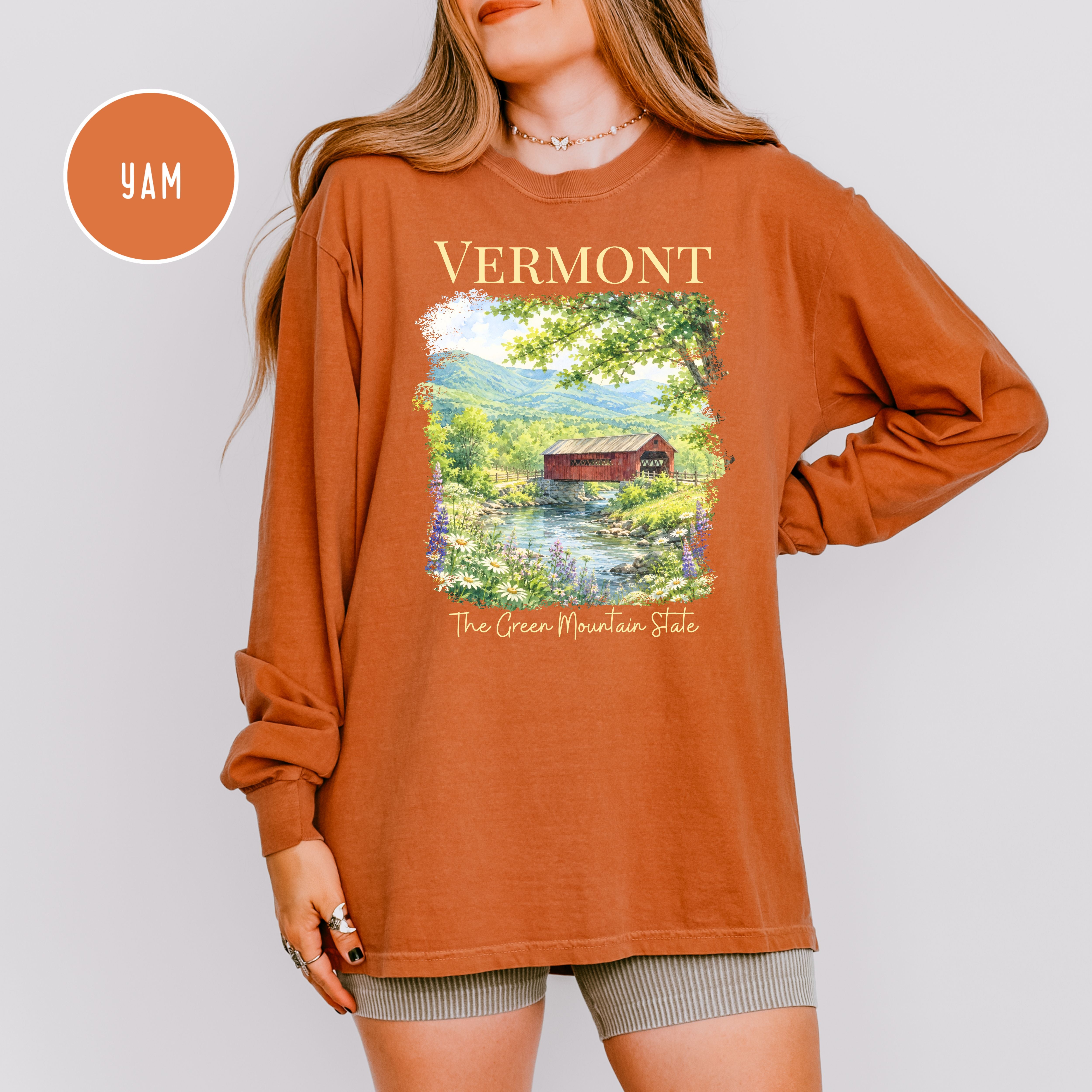 Vermont Long Sleeve Comfort Colors Vacation Gift Tee Shirt, Red Covered Bridge Vermont Shirt, Vermont Travel Gift, The Green Mountain State