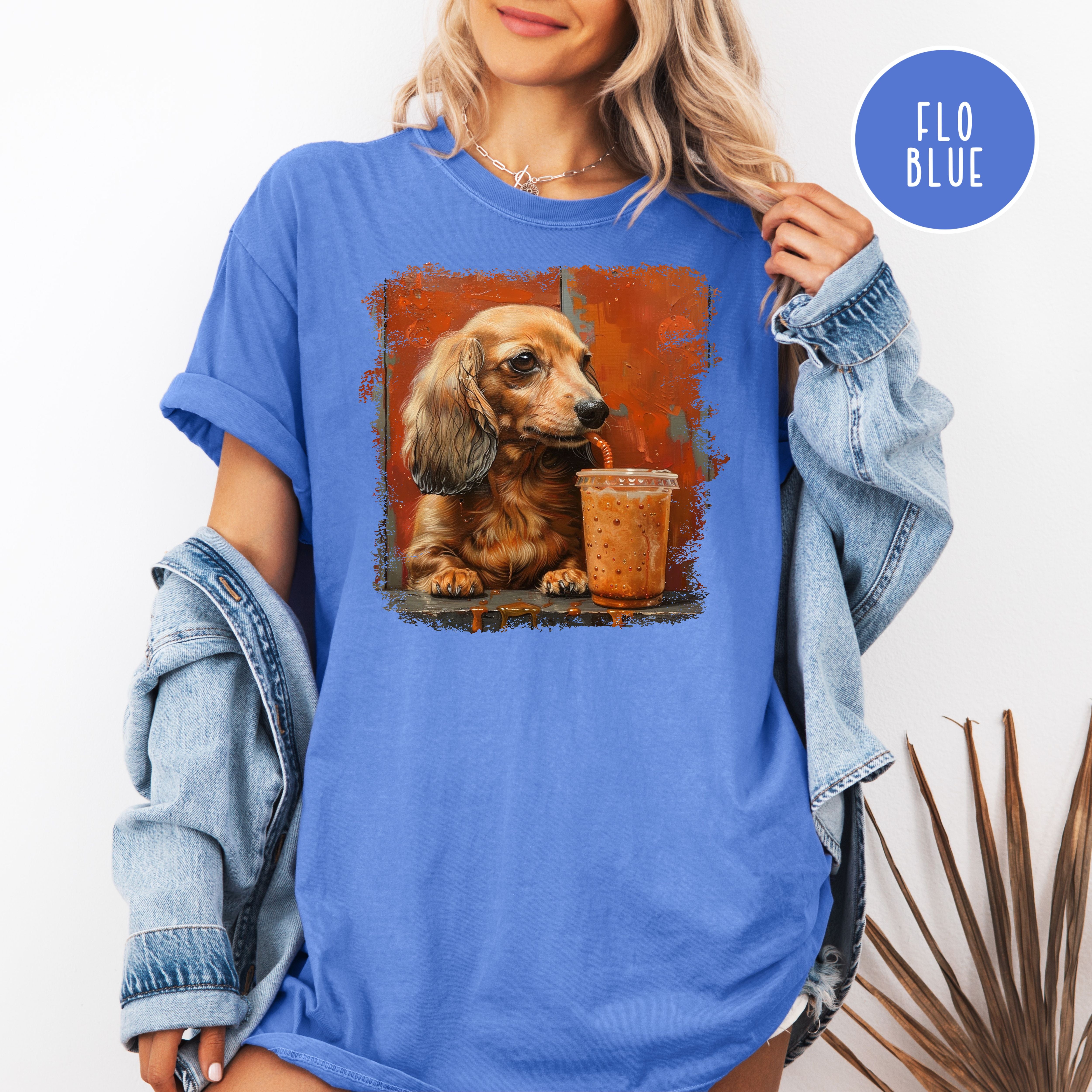 Dachshund Lover Comfort Colors T-Shirt, Doxie Mama Shirt, Dachshund Drinking Coffee, Dog Lover Art, Wiener Dog Shirt, Sausage Dog Gift