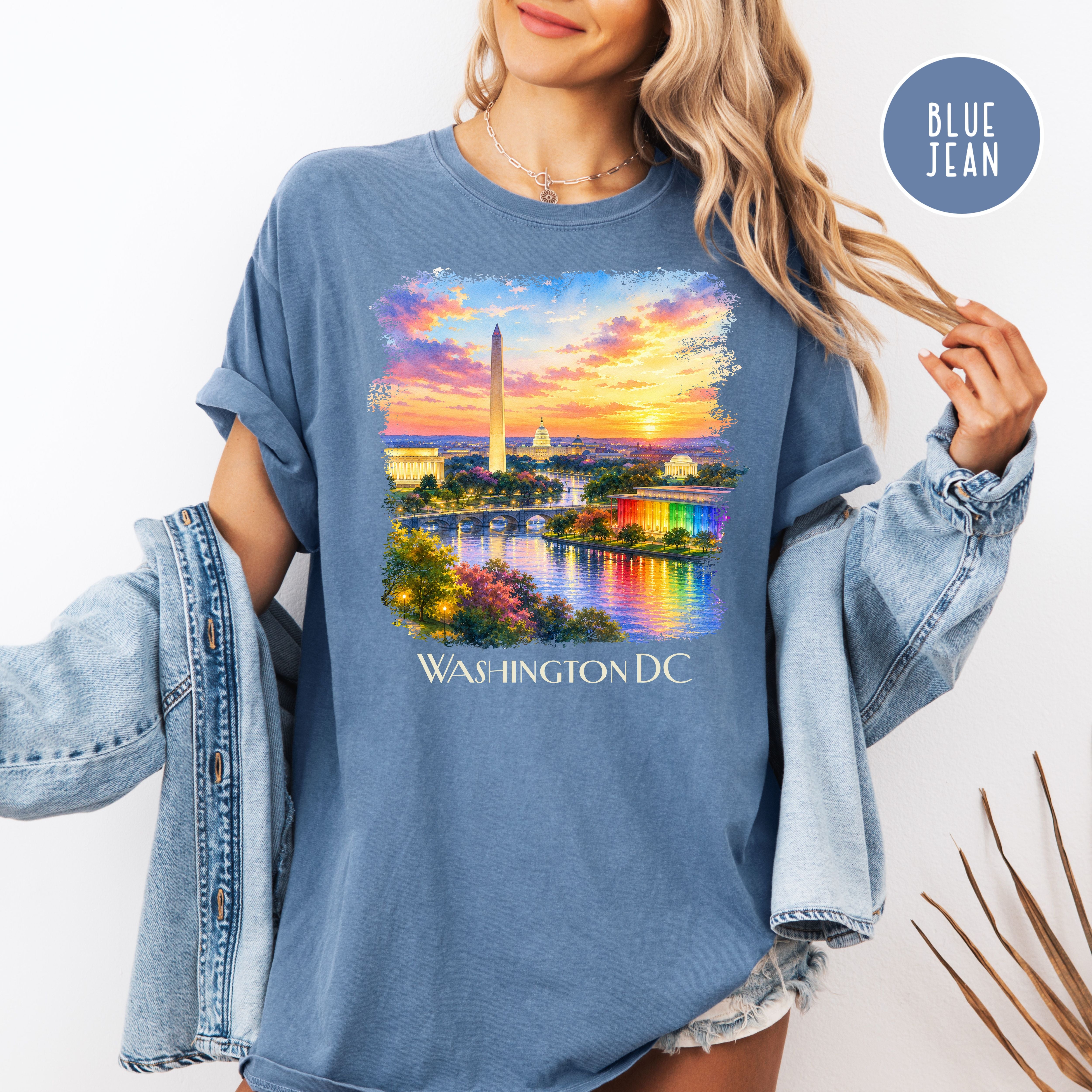 Washington DC at Sunset, Kennedy Center and Washington Monuments Unisex Comfort Colors T-Shirt, Kennedy Center for Pride Washington Travel